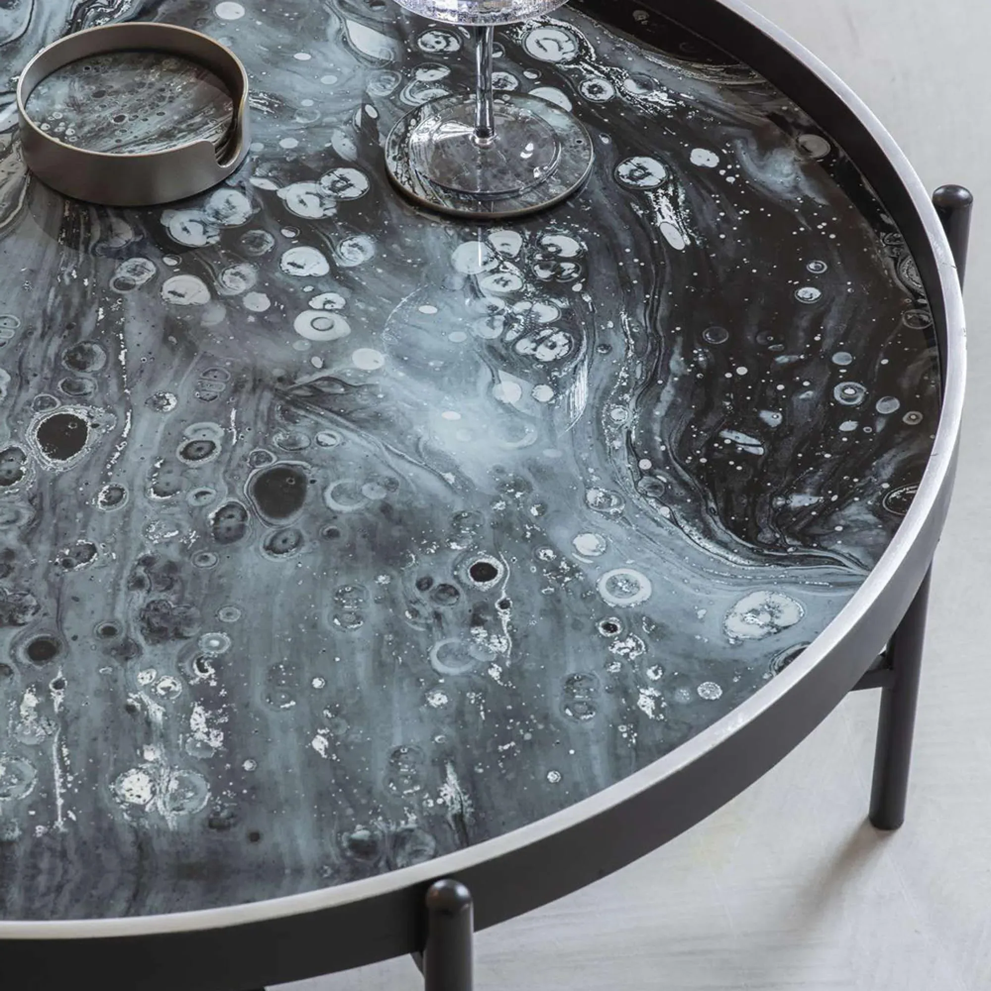 Monochrome Swirl Round Tray Coffee Table - Black