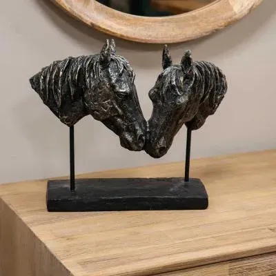 Nuzzling Bay Horse Heads Sculpture - Bronze