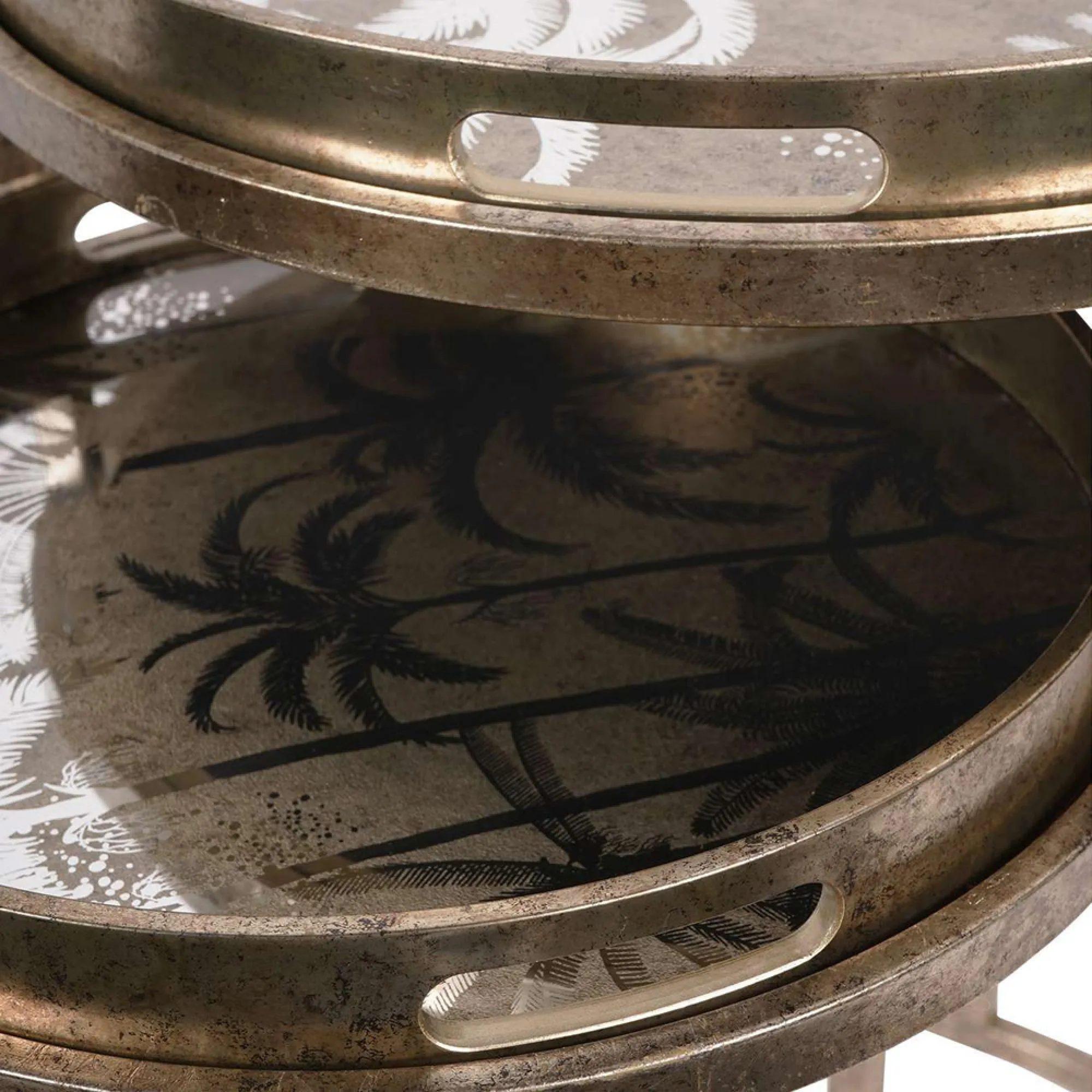 Palm Tree Round Side Tray Table - Set of 2, Gold