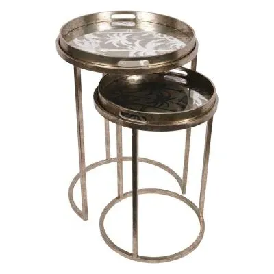 Palm Tree Round Side Tray Table - Set of 2, Gold