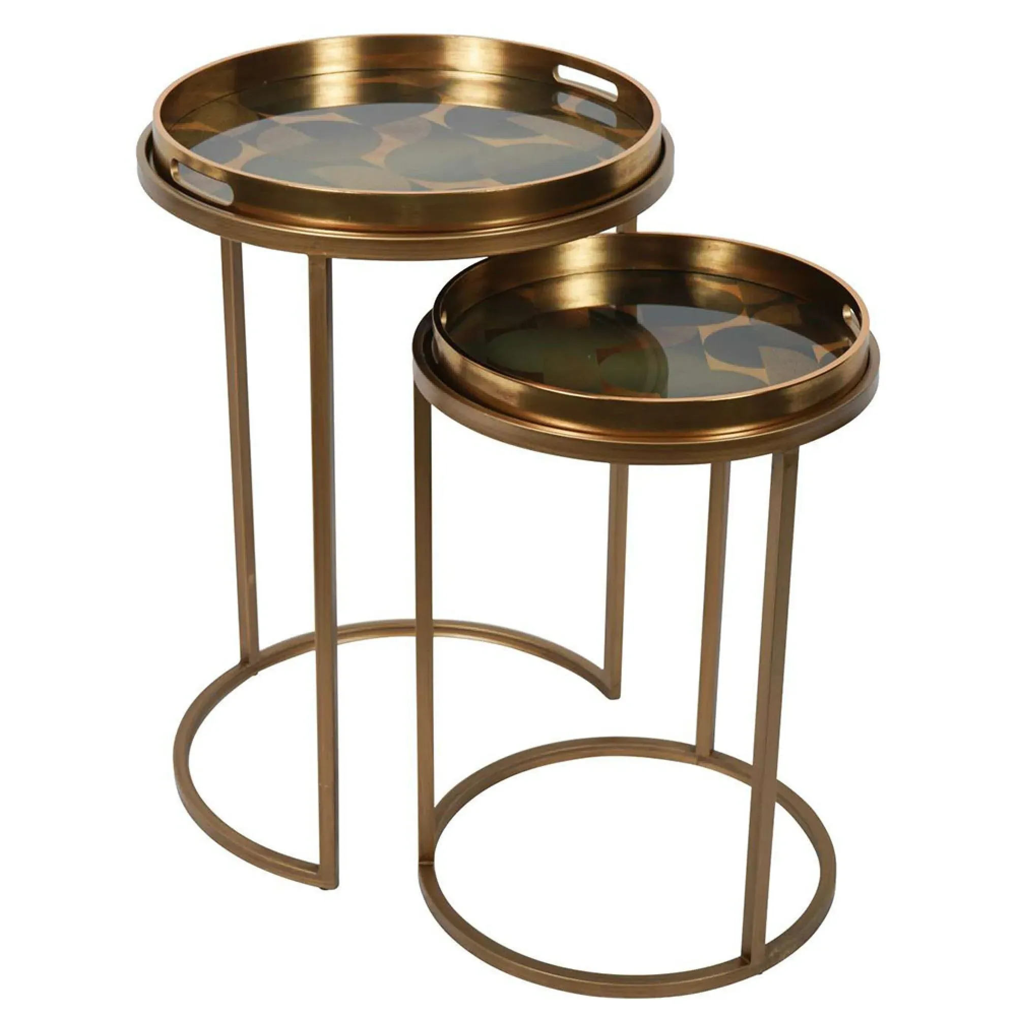 Retro Pattern Round Side Tray Table - Set of 2 - Gold, Metal