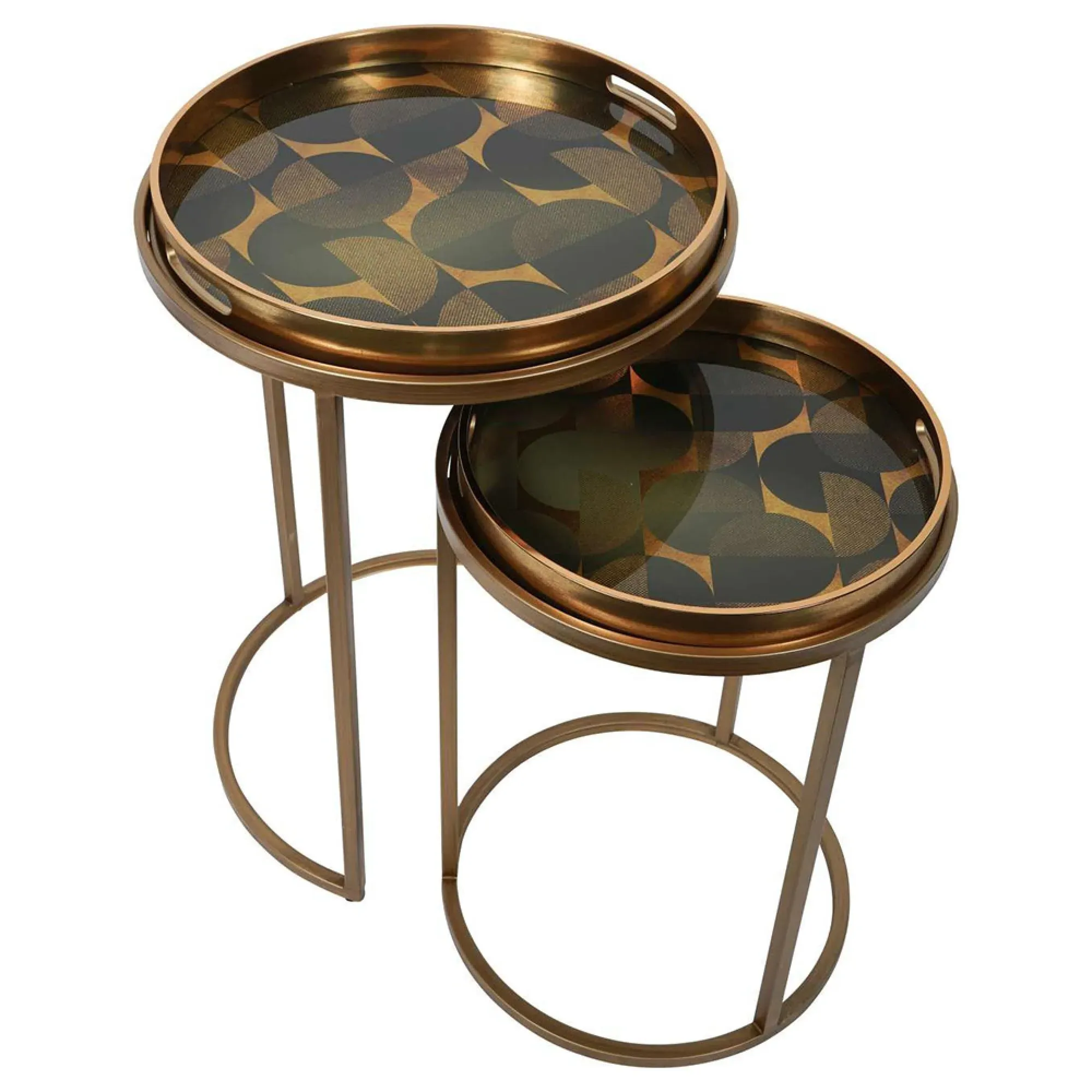 Retro Pattern Round Side Tray Table - Set of 2 - Gold, Metal