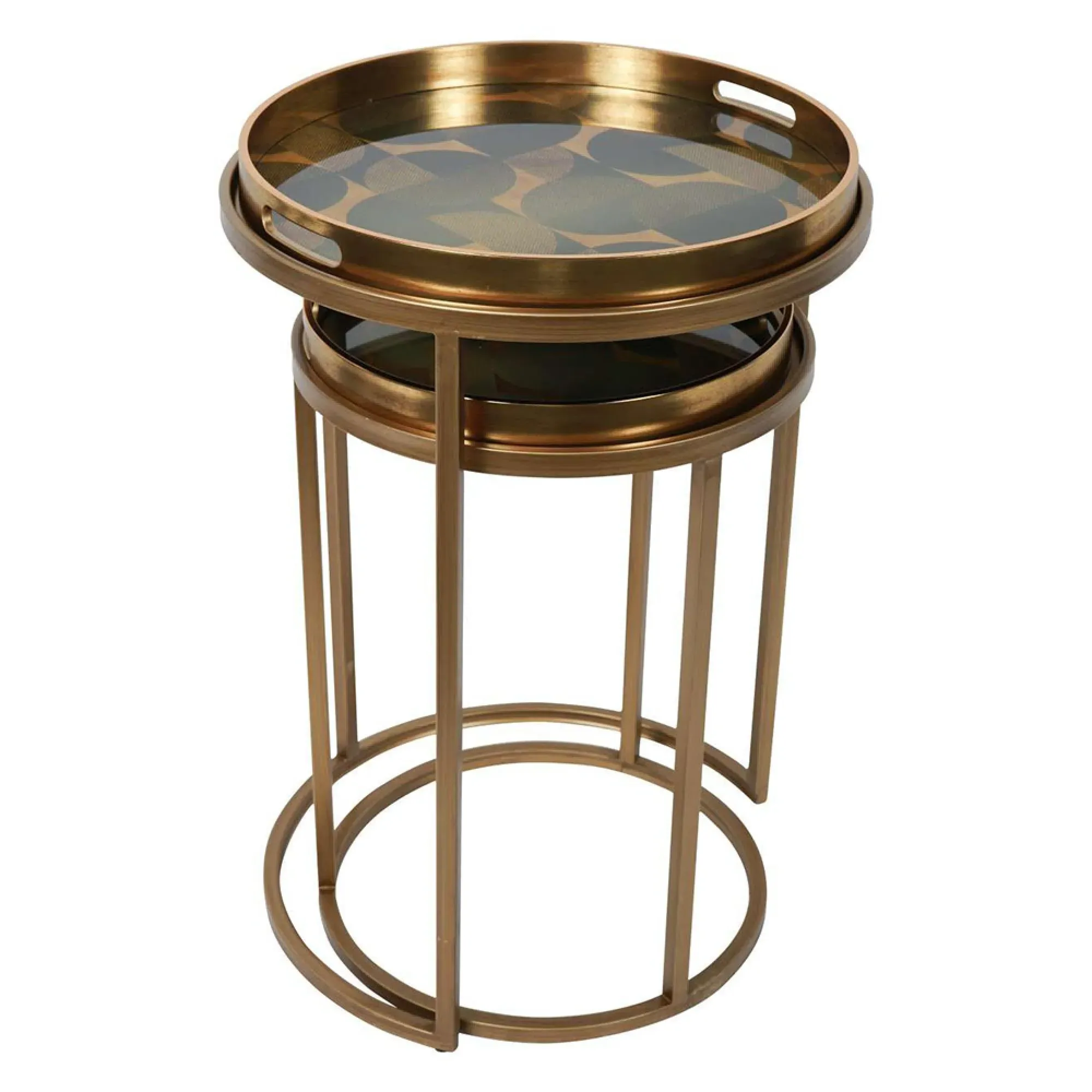 Retro Pattern Round Side Tray Table - Set of 2 - Gold, Metal