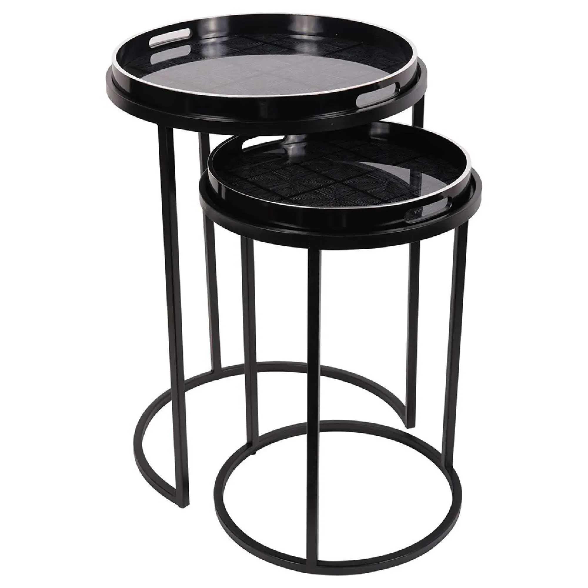 Squares Pattern Round Side Tray Table - Set of 2, Black
