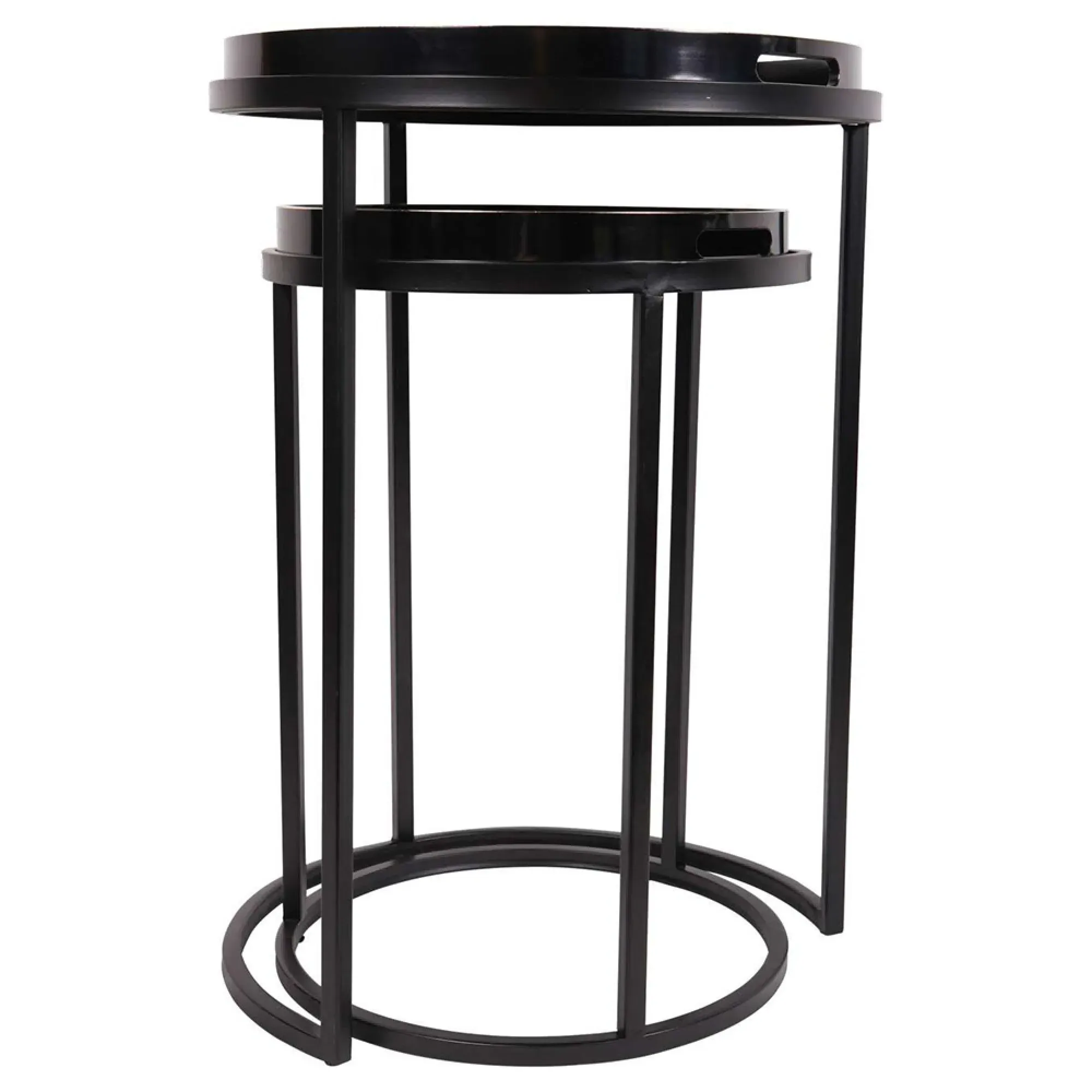 Squares Pattern Round Side Tray Table - Set of 2, Black