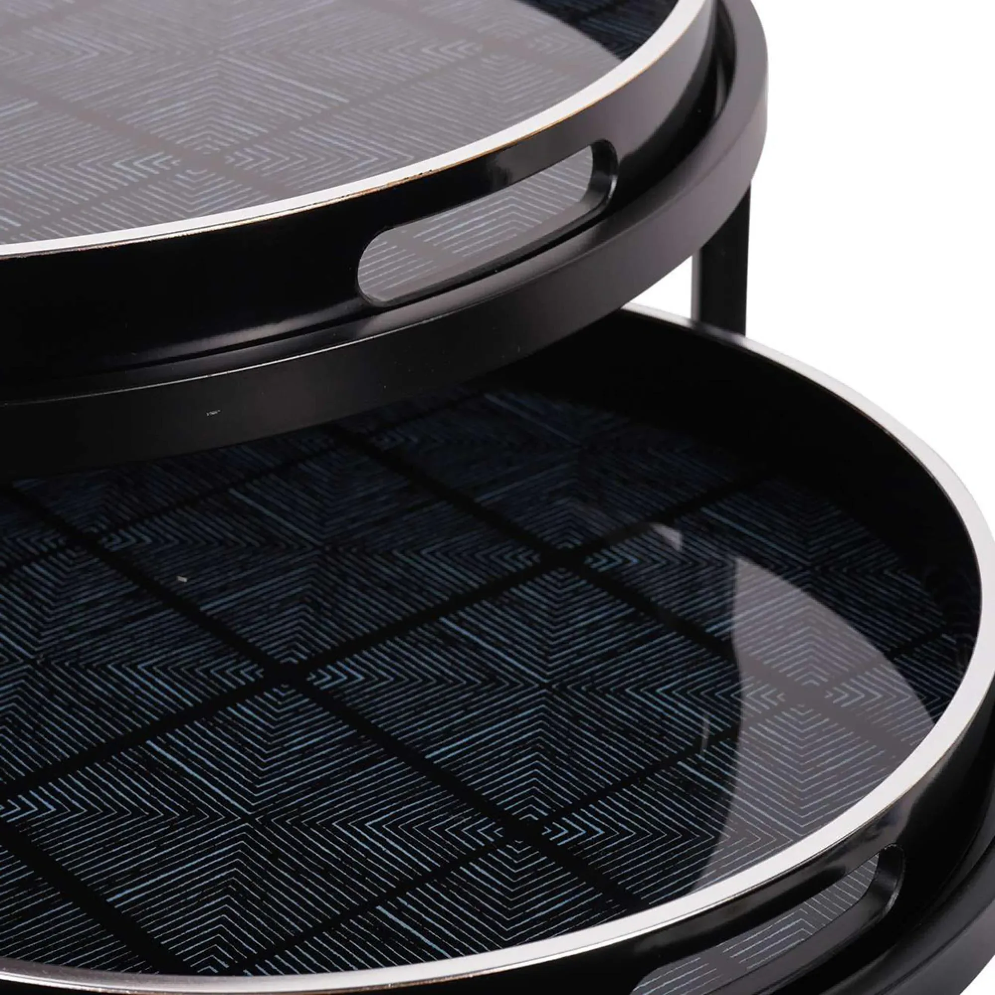 Squares Pattern Round Side Tray Table - Set of 2, Black