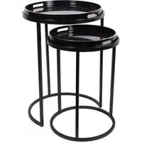 Squares Pattern Round Side Tray Table - Set of 2, Black