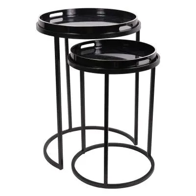 Squares Pattern Round Side Tray Table - Set of 2, Black