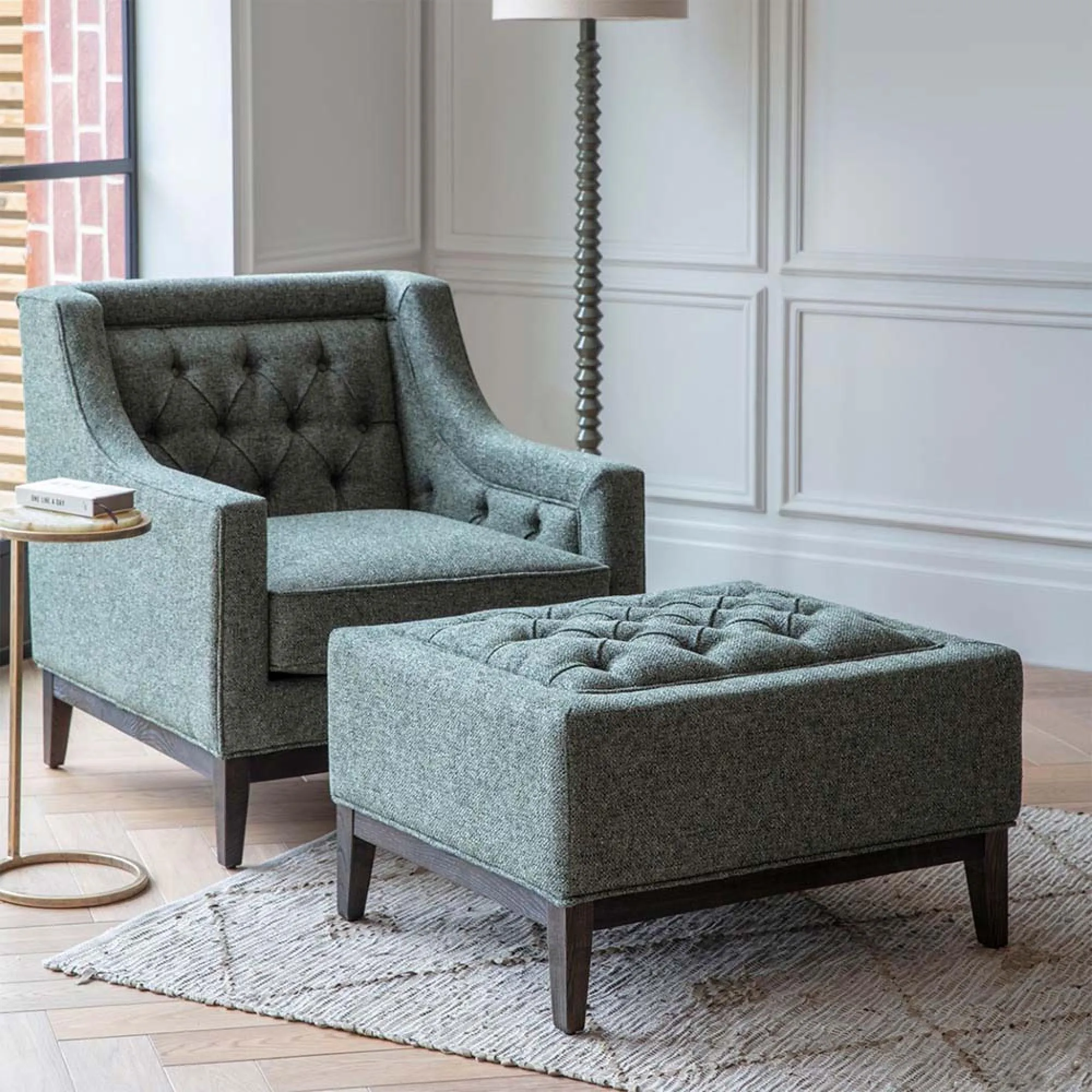 Theodore Buttoned Stool - Forest Green