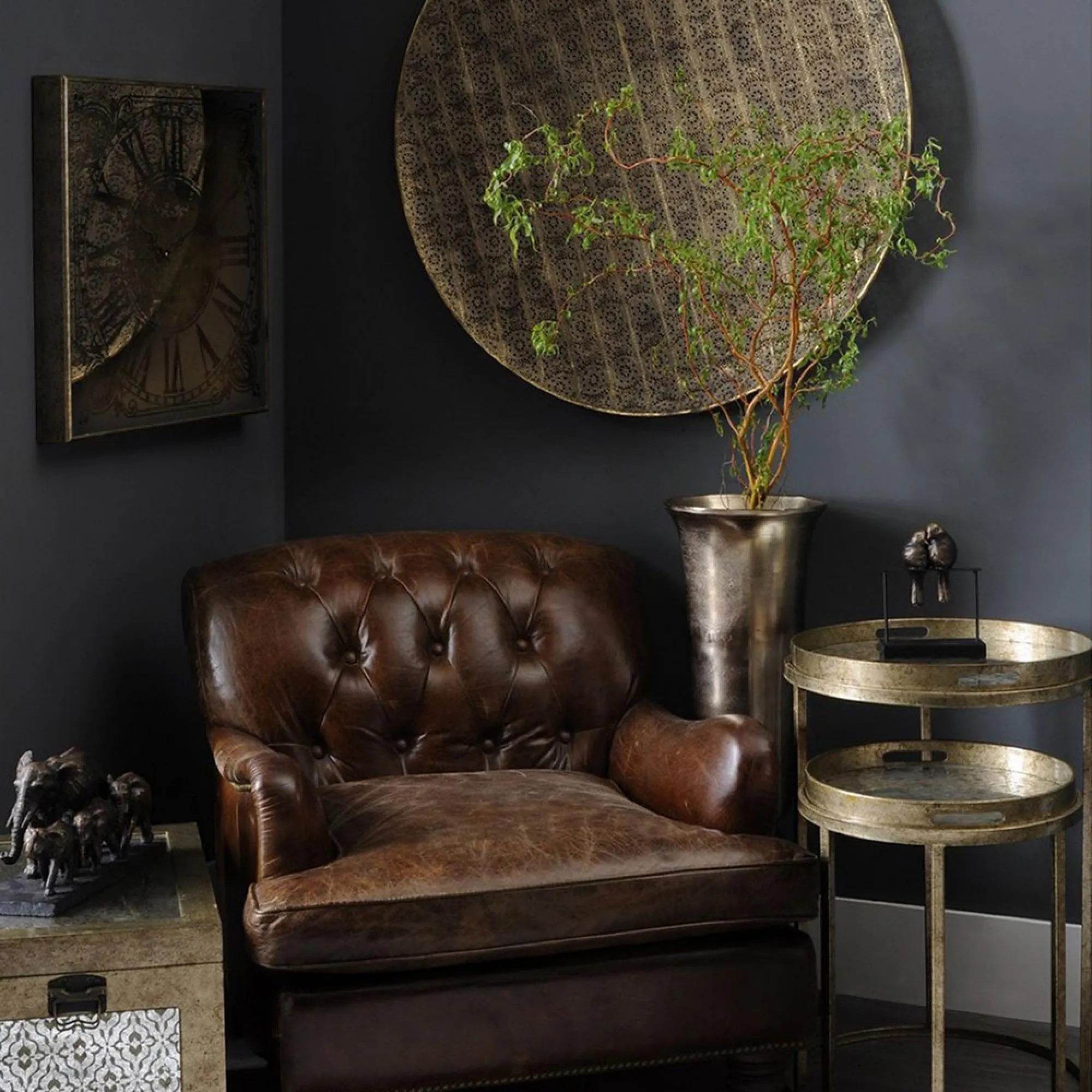 Vienna Diamond Round Side Tray Table Set - Gold, Metal