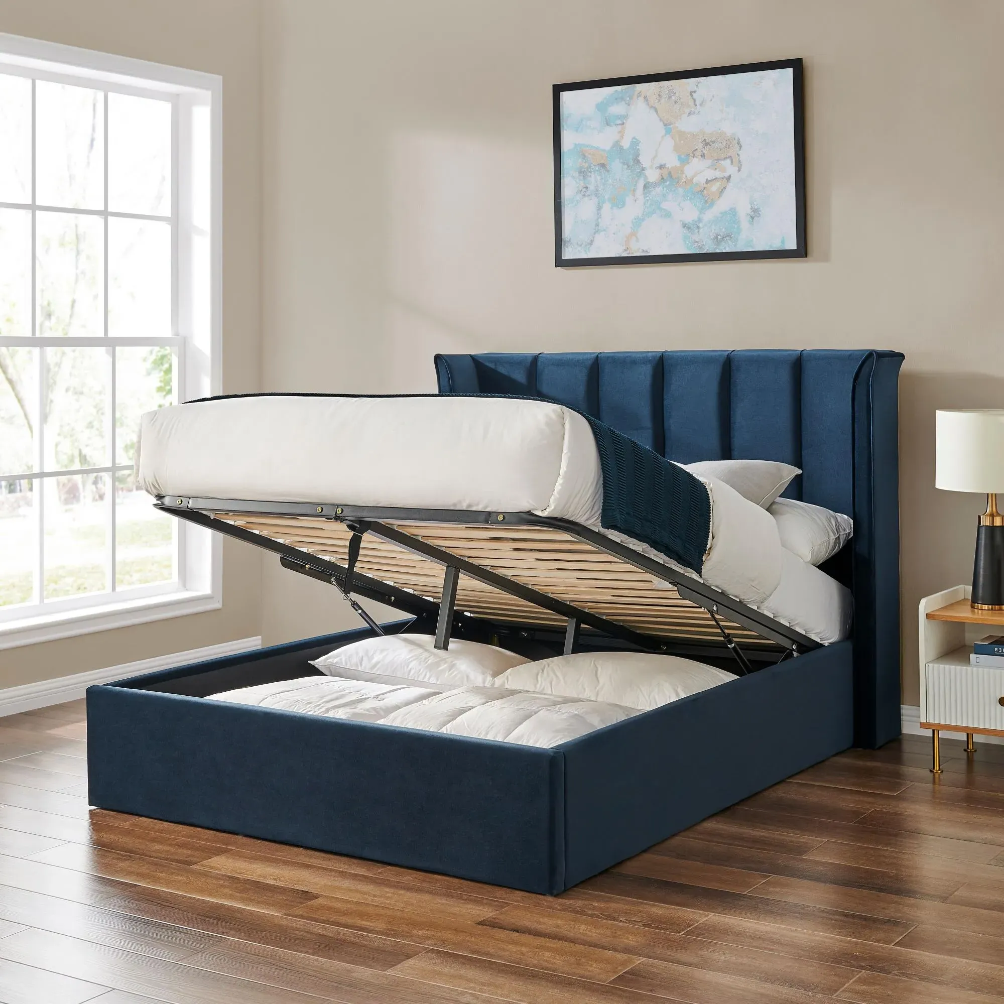 Posey Ottoman Bed with Storage - Navy Blue, Fabric