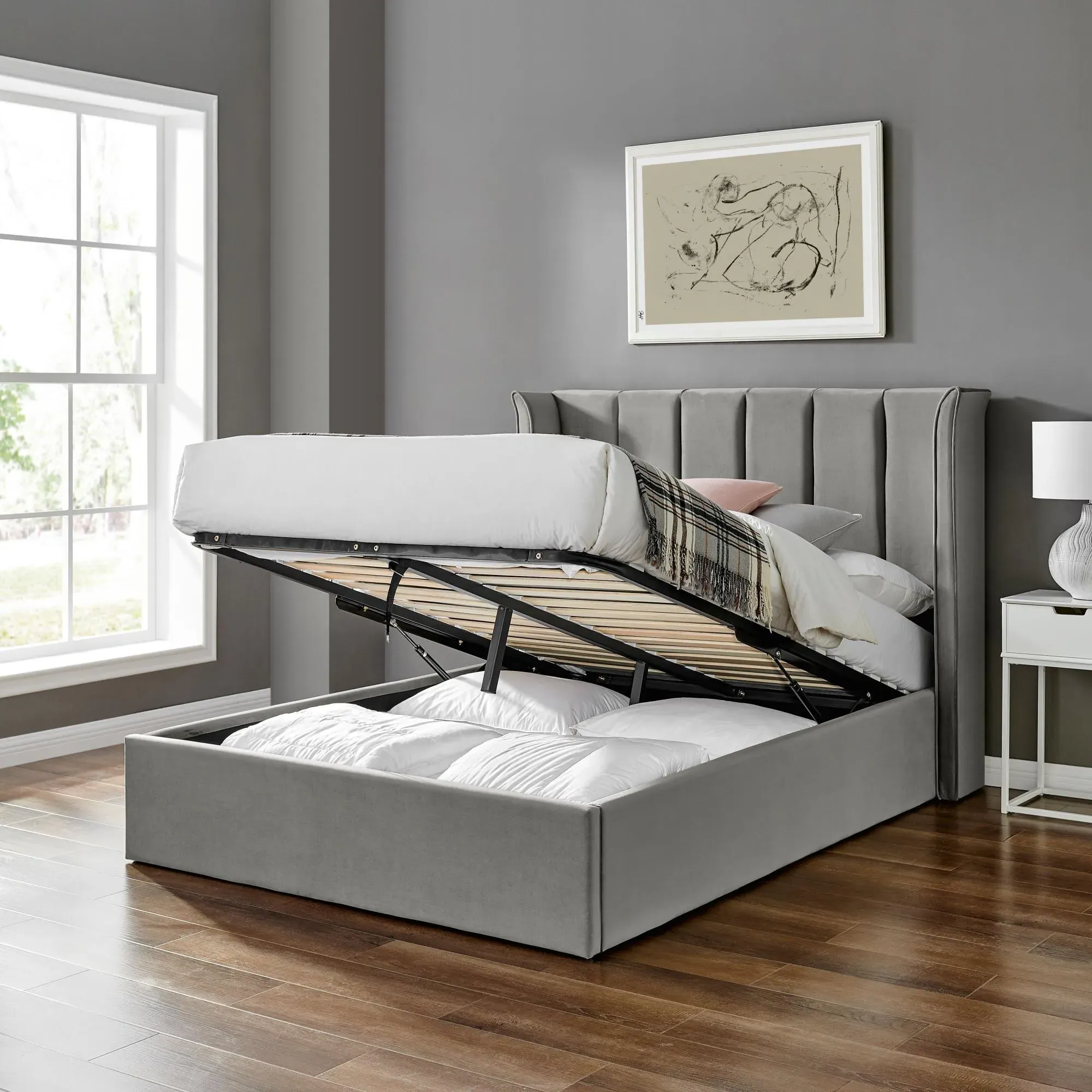 Posey Ottoman Bed with Storage - Silver, Fabric