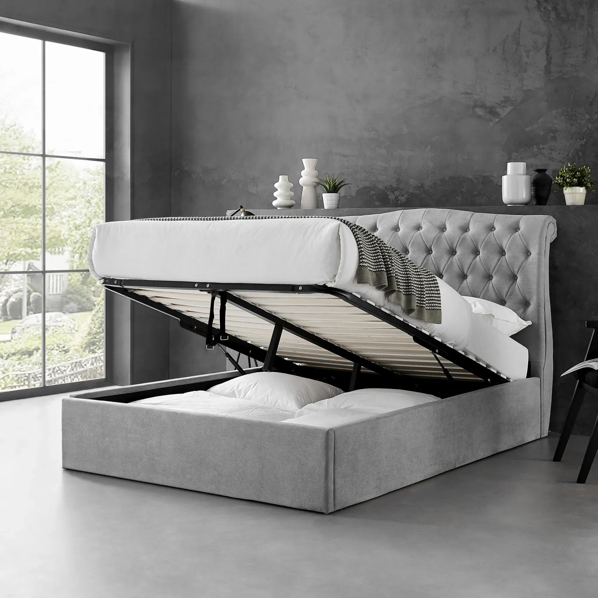 Roma Fabric Ottoman Bed with Storage - Light Grey