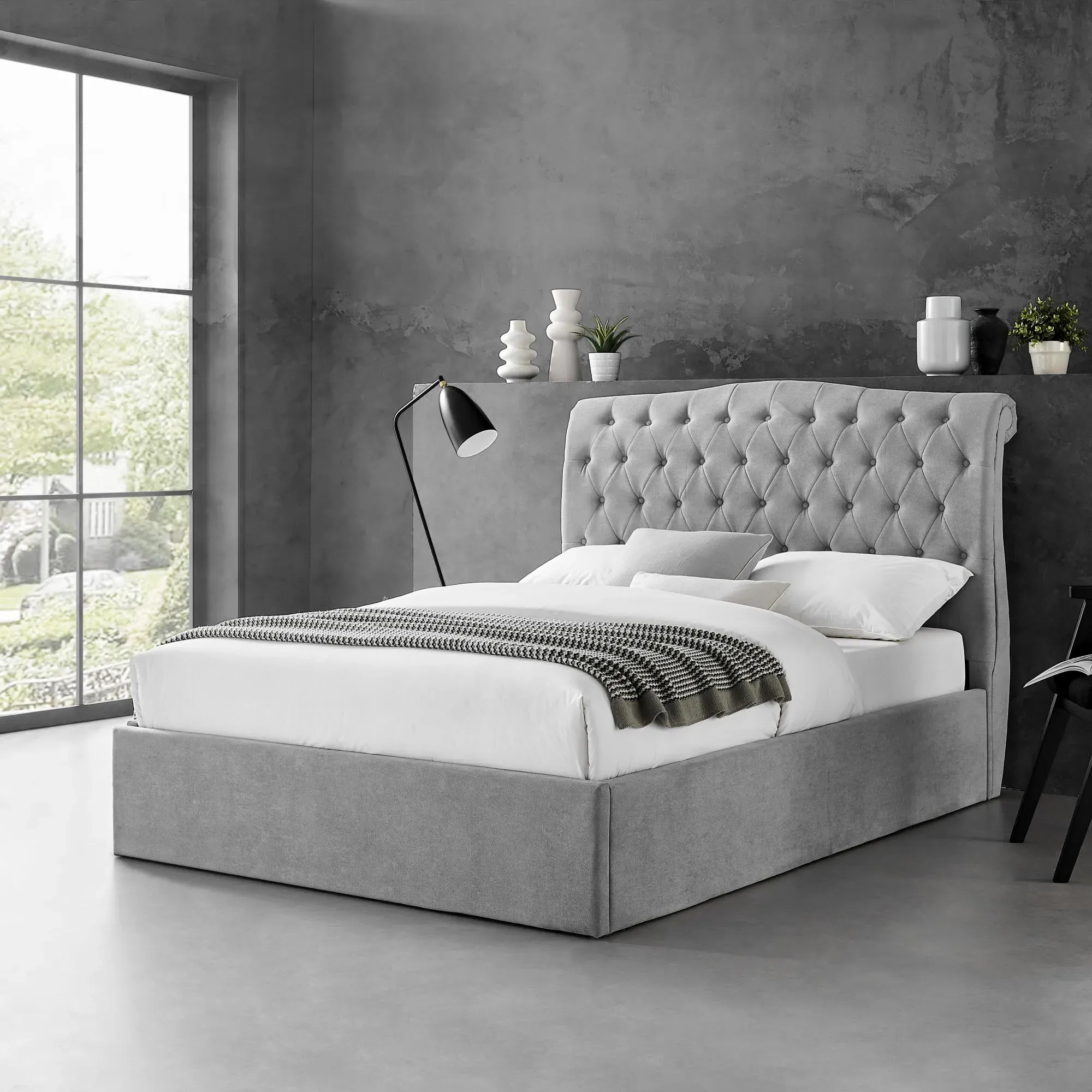 Roma Fabric Ottoman Bed with Storage - Light Grey