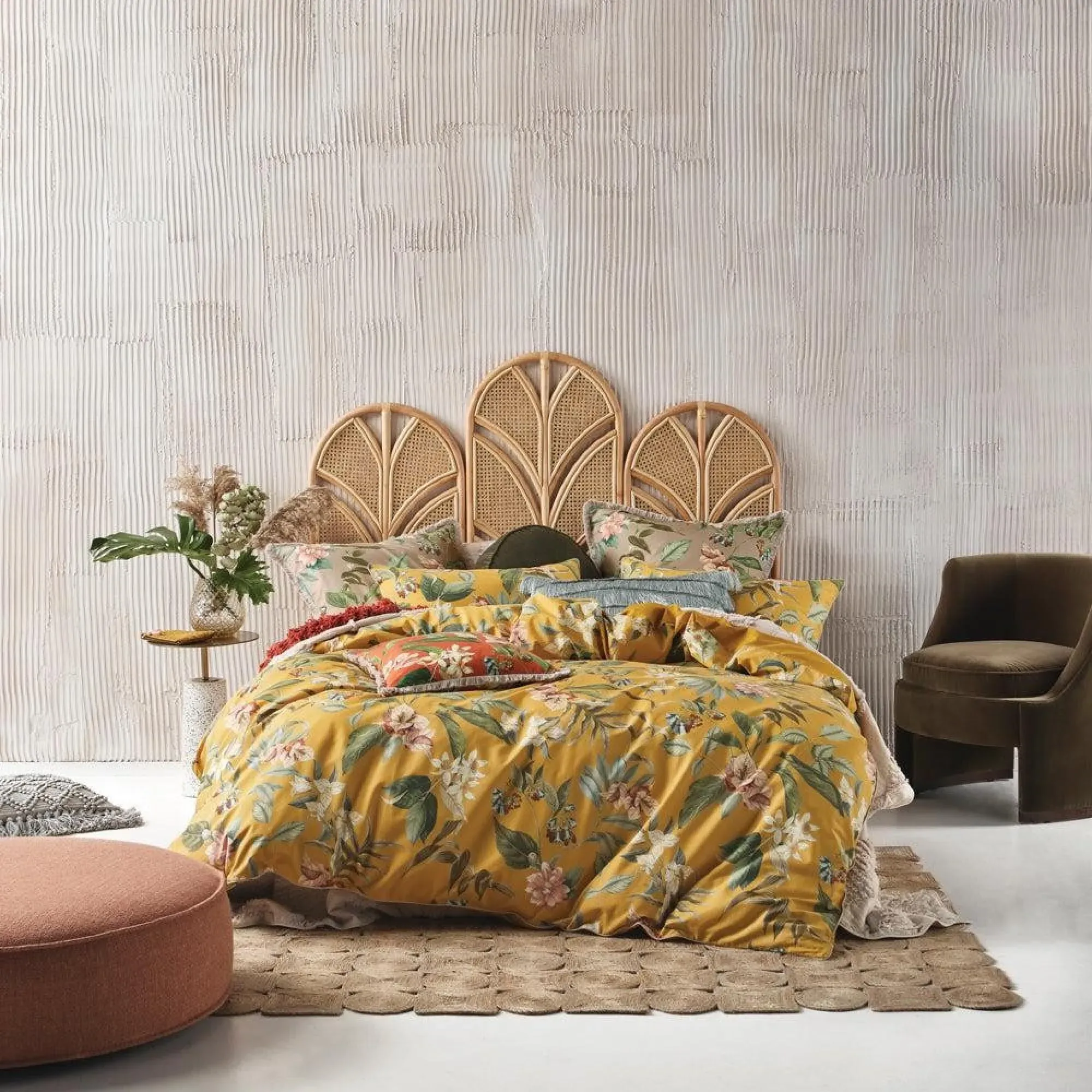 Anastacia Botanical Cotton Duvet Cover Set - Ochre