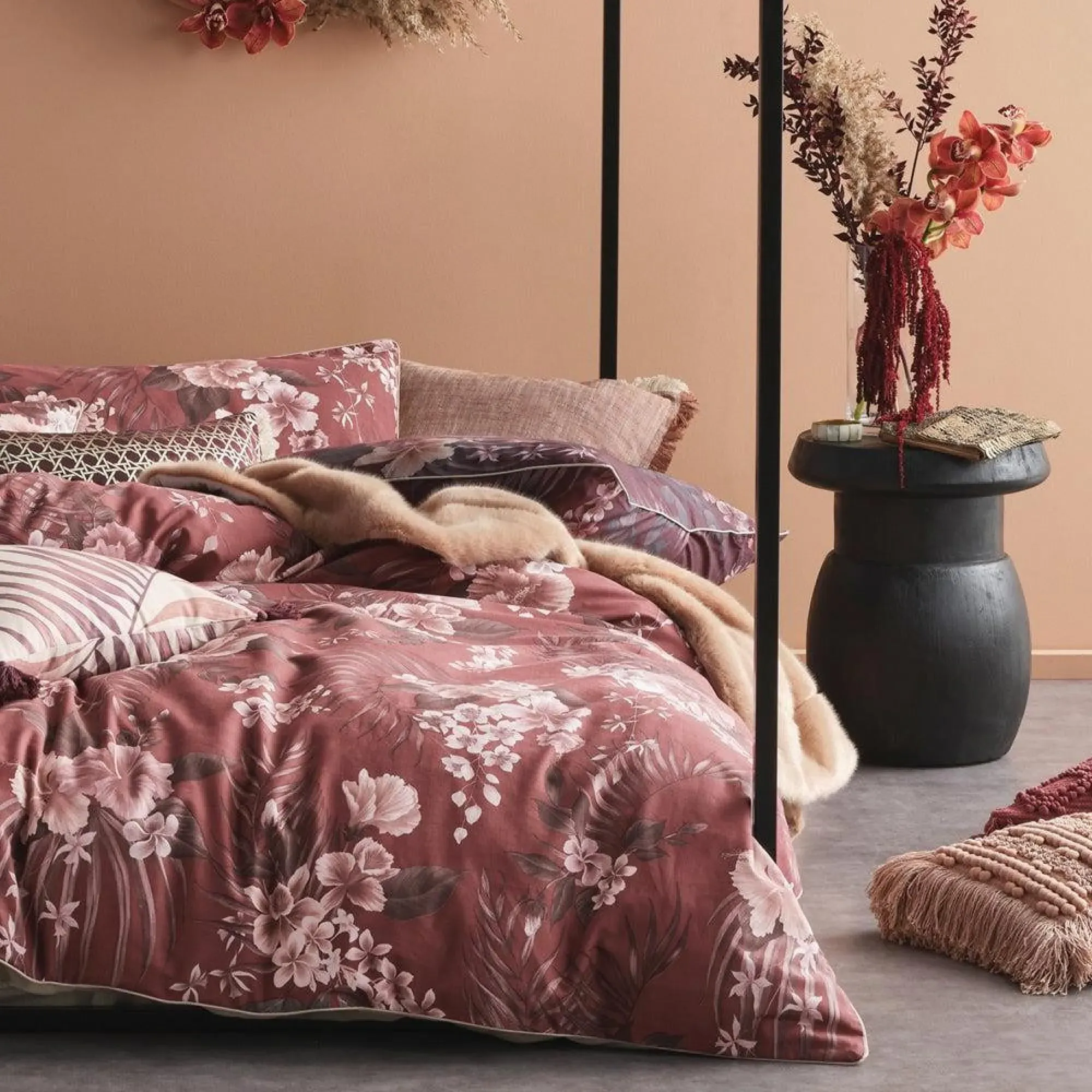 Taira Cord Piped Floral Cotton Duvet Cover Set - Rhubarb