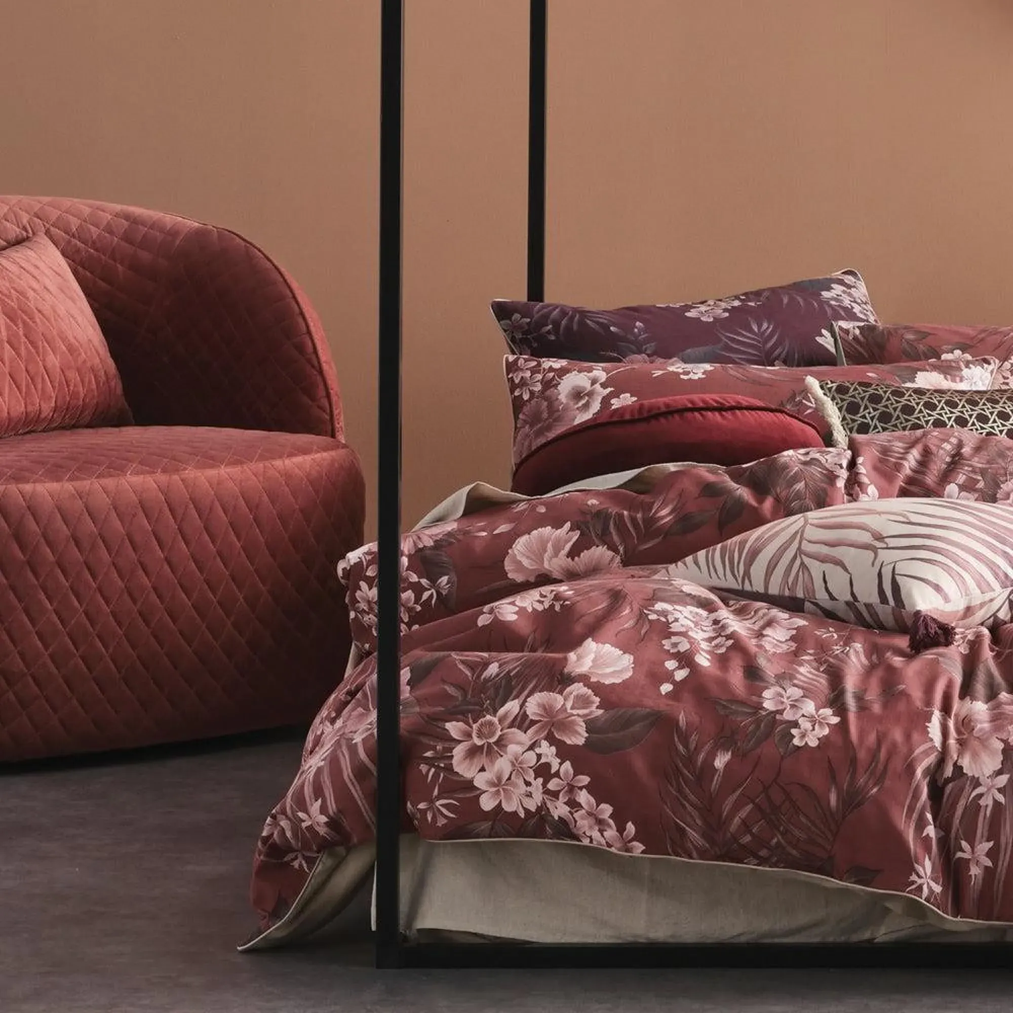 Taira Cord Piped Floral Cotton Duvet Cover Set - Rhubarb