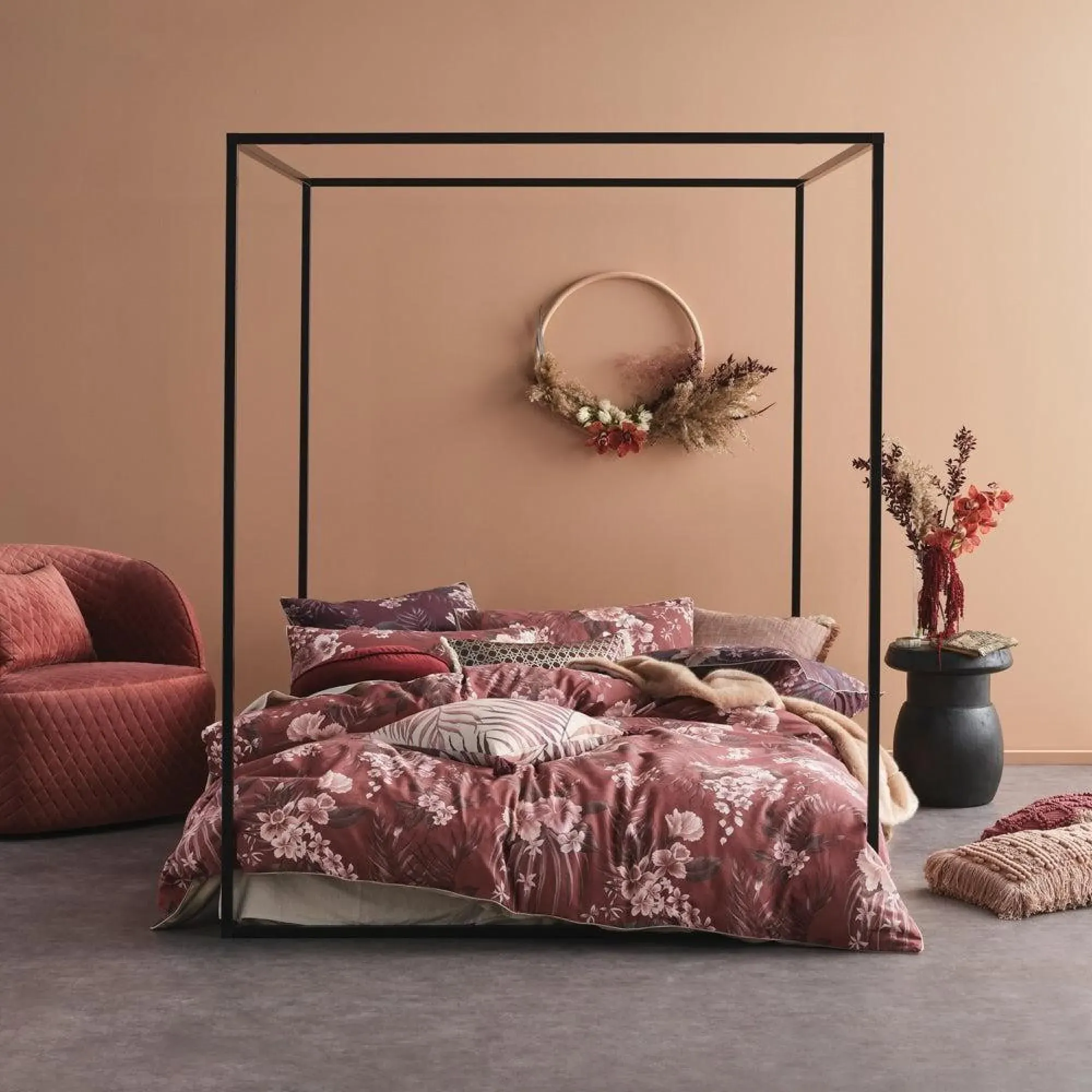 Taira Cord Piped Floral Cotton Duvet Cover Set - Rhubarb