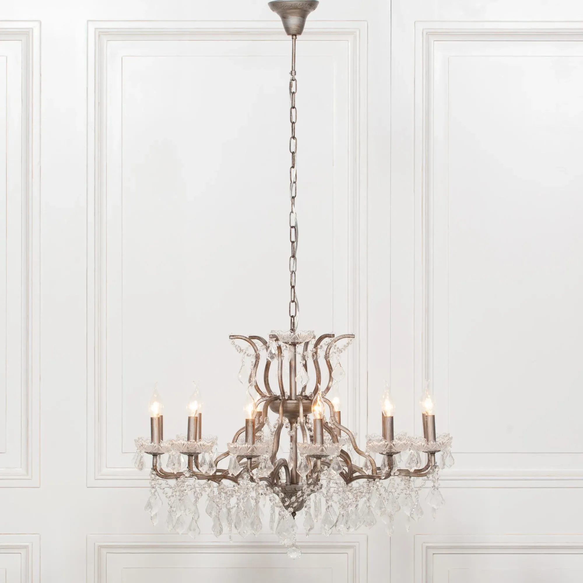 12 Branch Chandelier with Cut Glass - Antique Silver