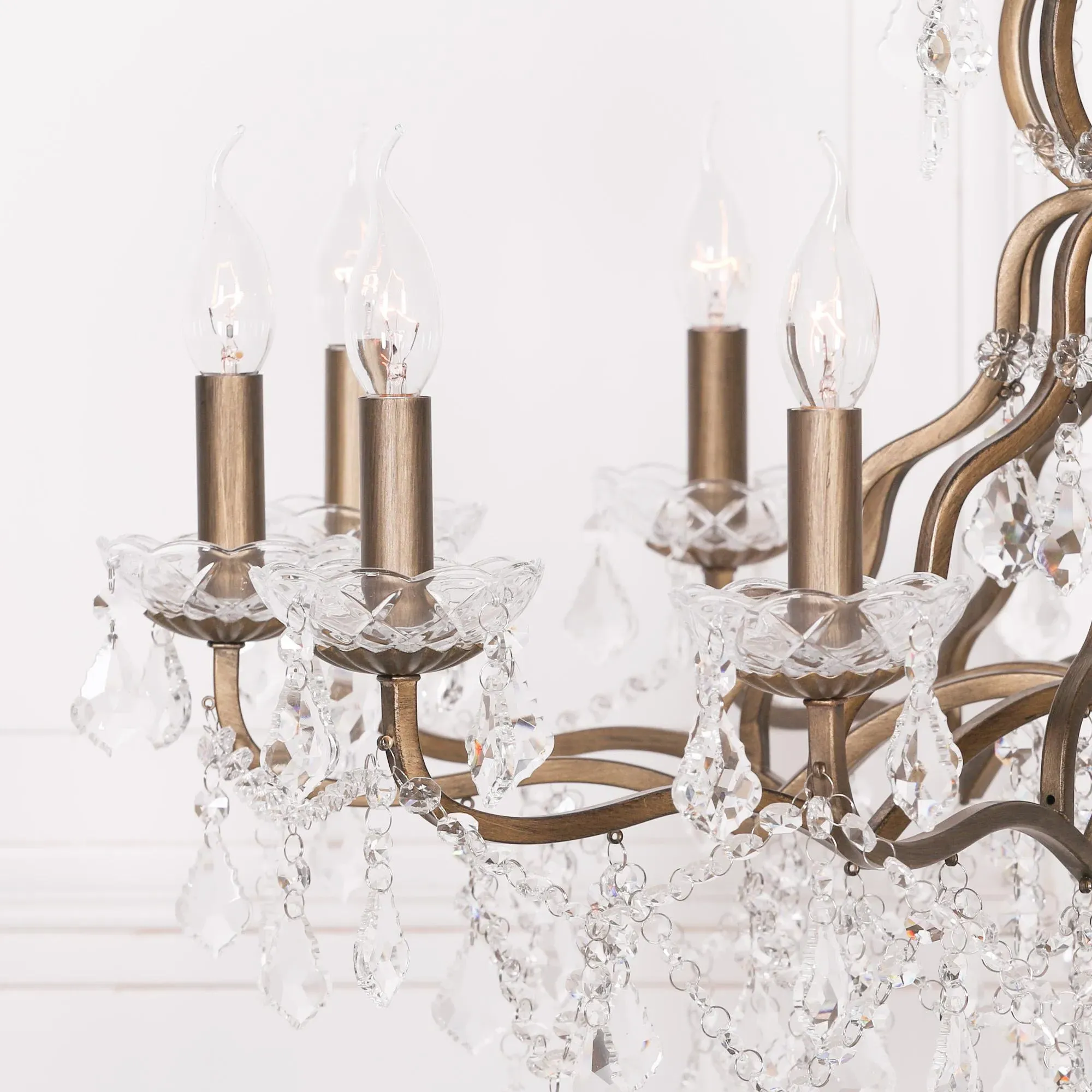 12 Branch Shallow Cut Glass Chandelier - Antique Gold