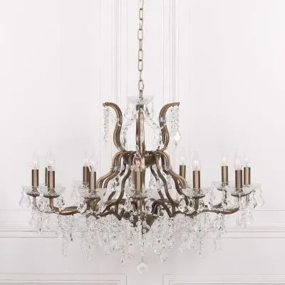 12 Branch Shallow Cut Glass Chandelier - Antique Gold