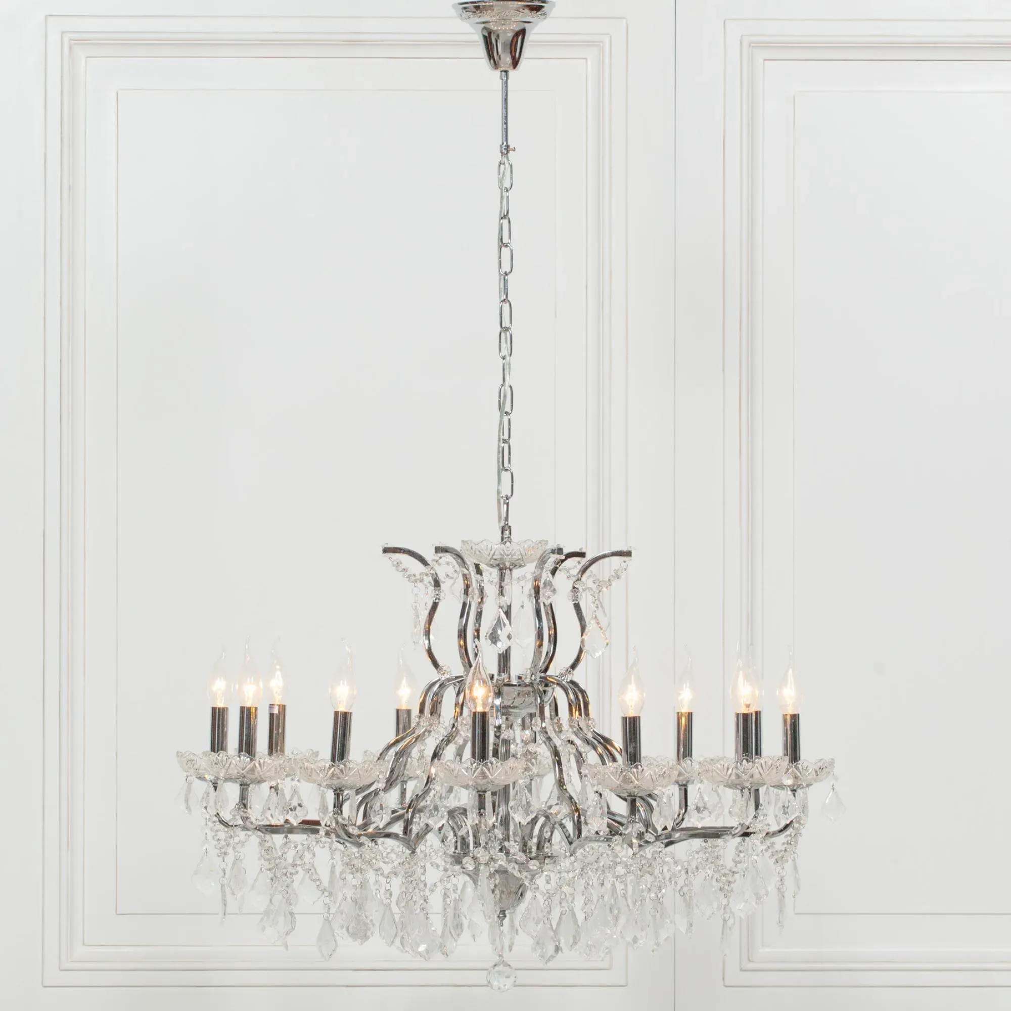 12 Branch Shallow Cut Glass Chandelier - Chrome