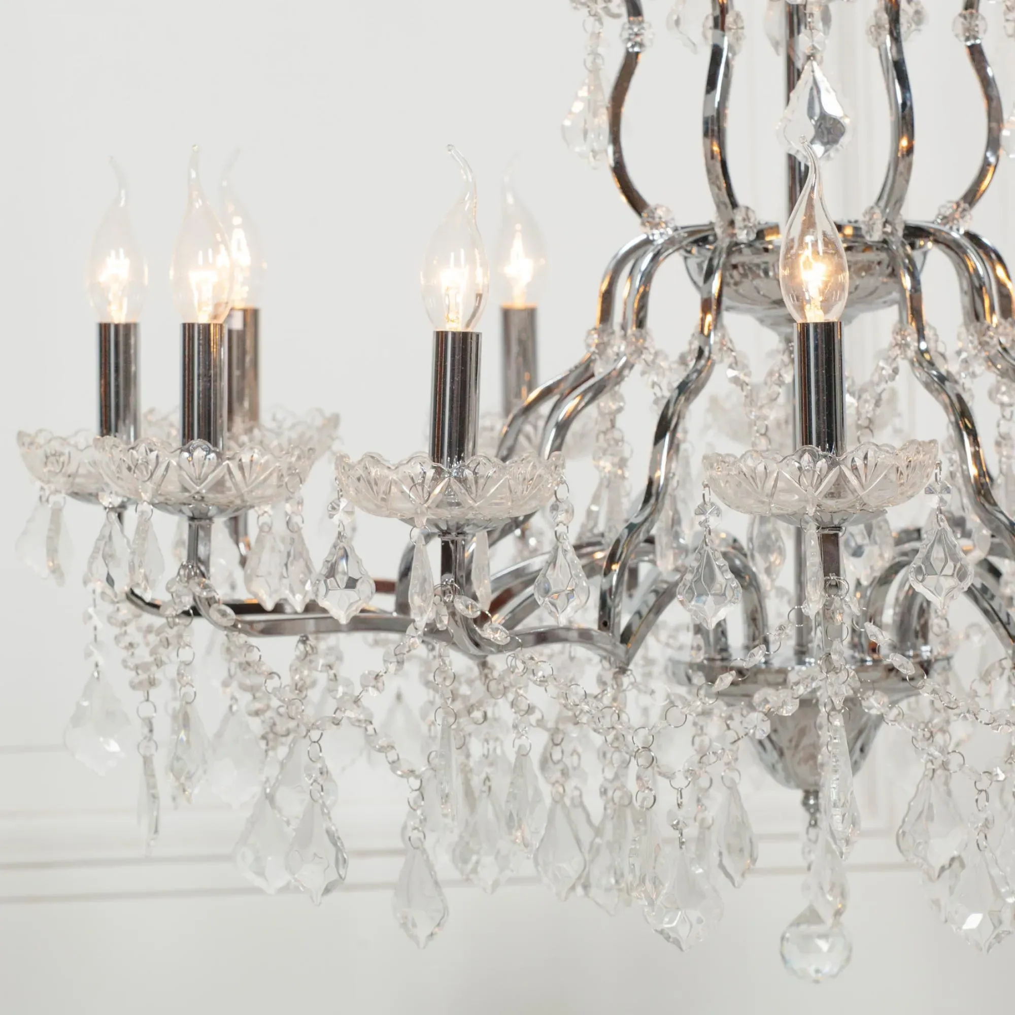 12 Branch Shallow Cut Glass Chandelier - Chrome