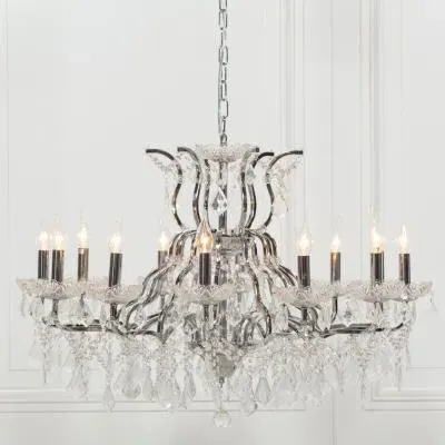 12 Branch Shallow Cut Glass Chandelier - Chrome