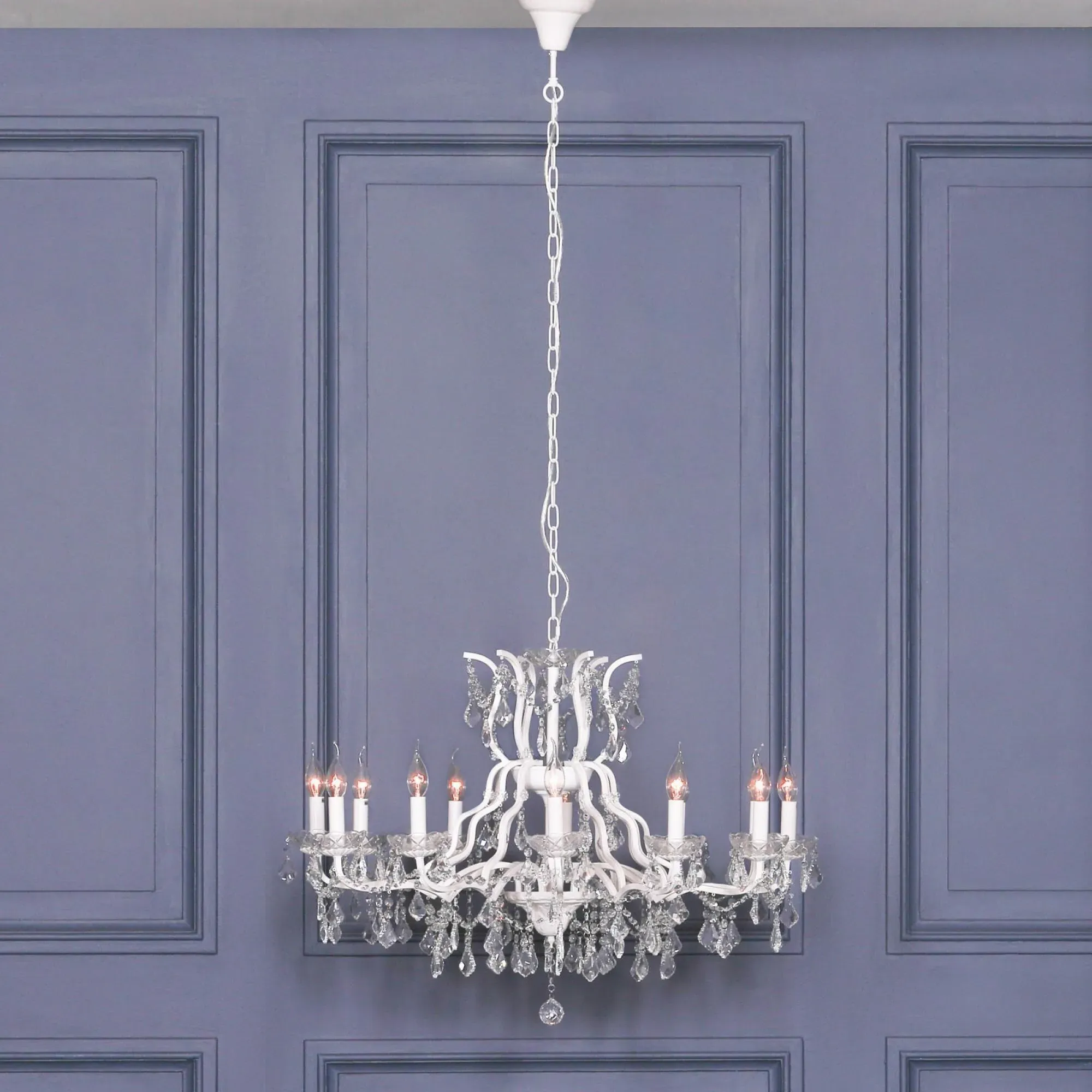 12 Branch Shallow Cut Glass Chandelier - White