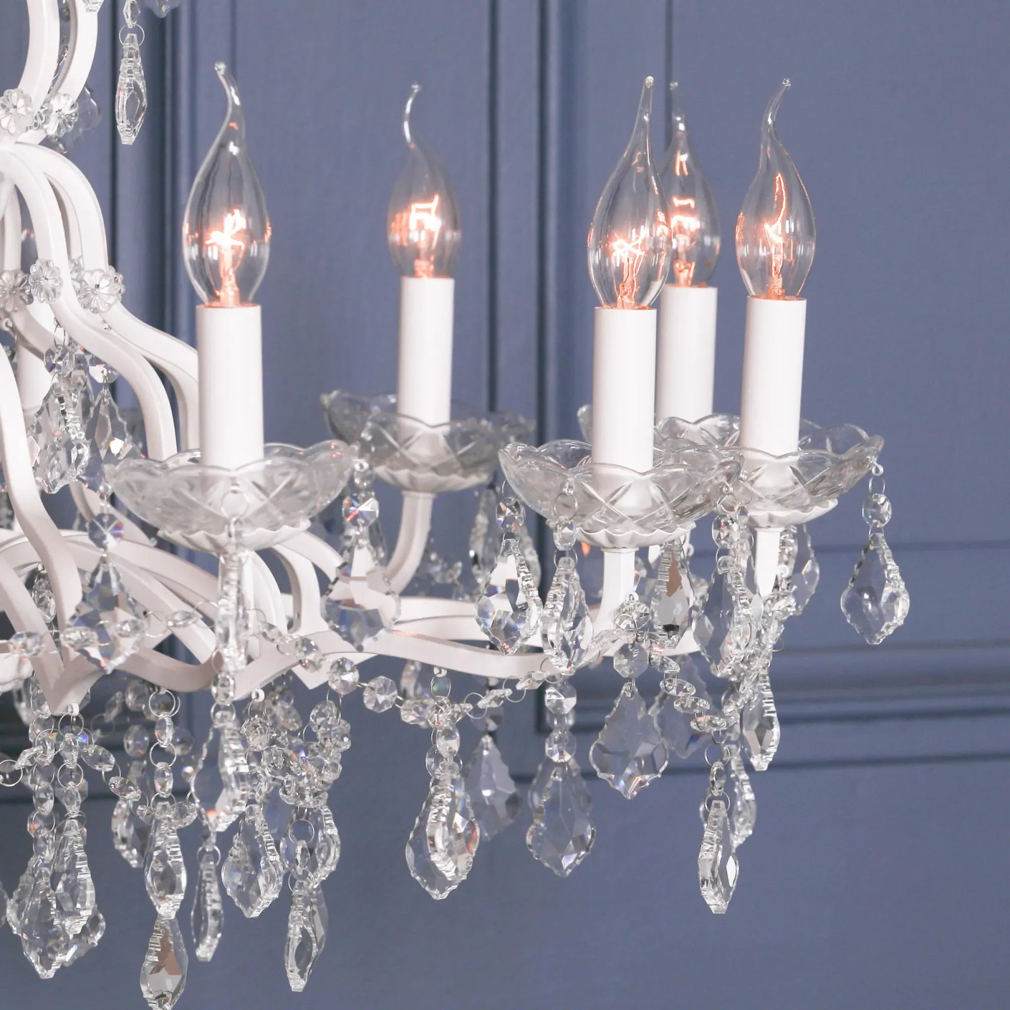 12 Branch Shallow Cut Glass Chandelier - White
