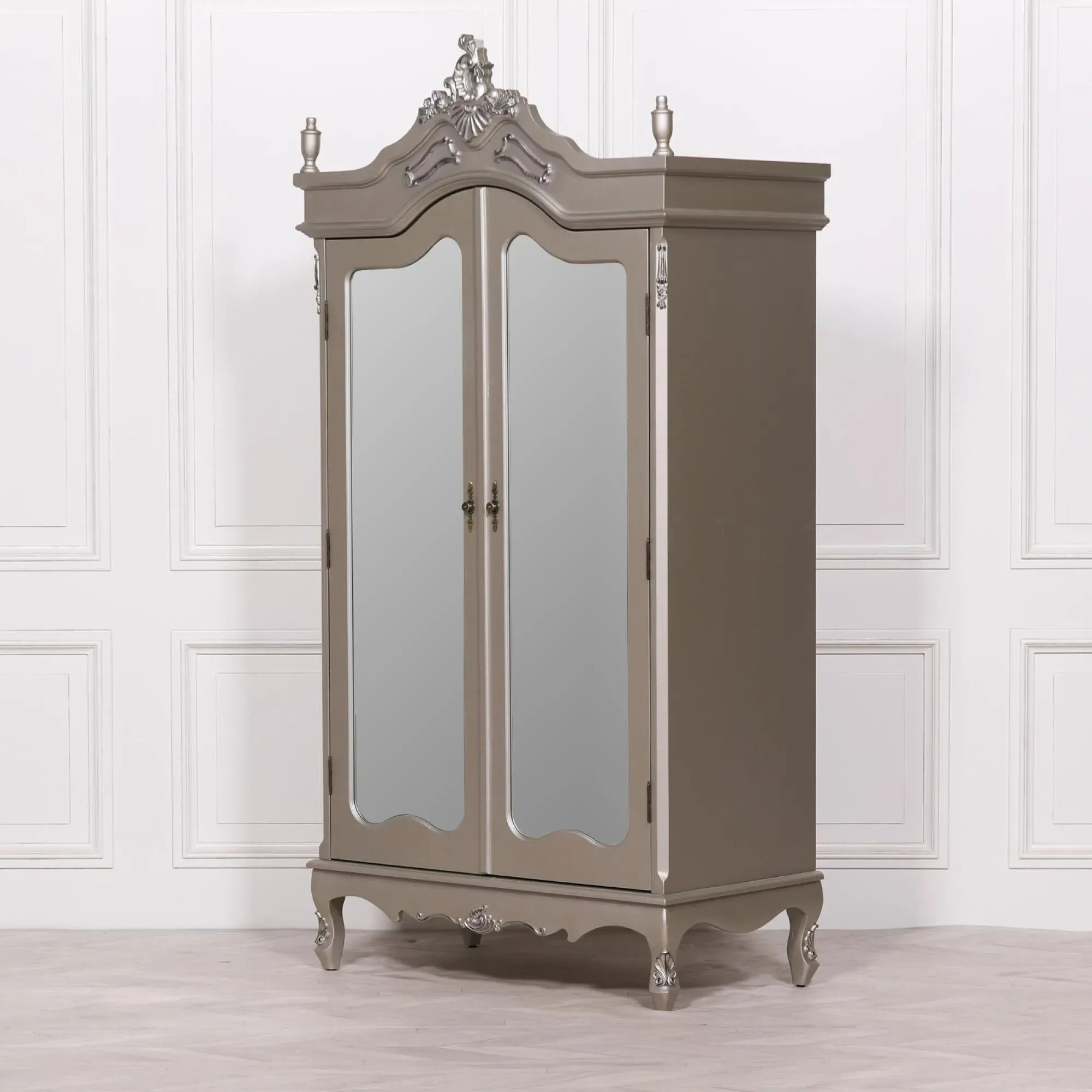2 Door Mirror Armoire Wardrobe - Antique Silver
