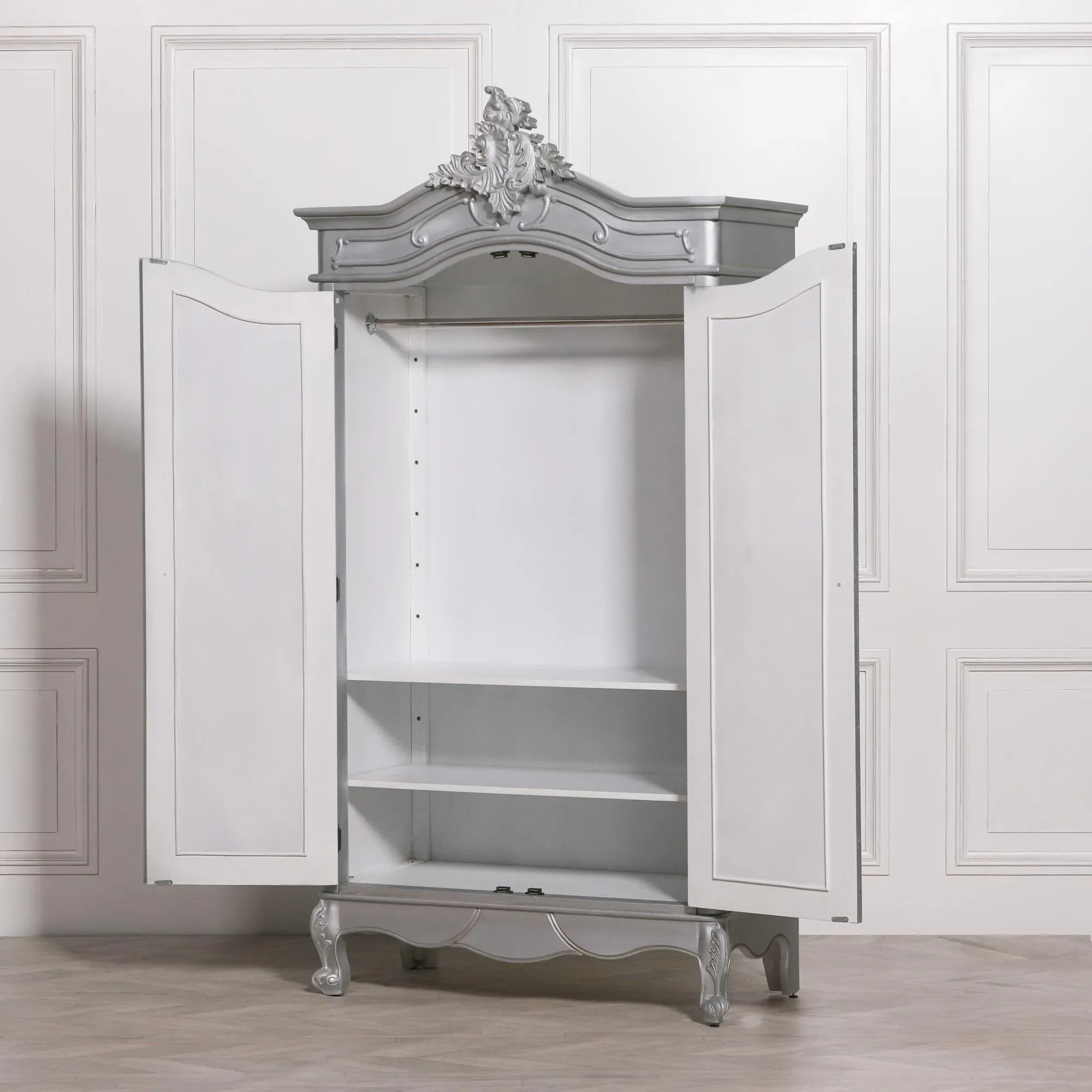 2 Door Mirror Armoire Wardrobe with Carved Details - Silver