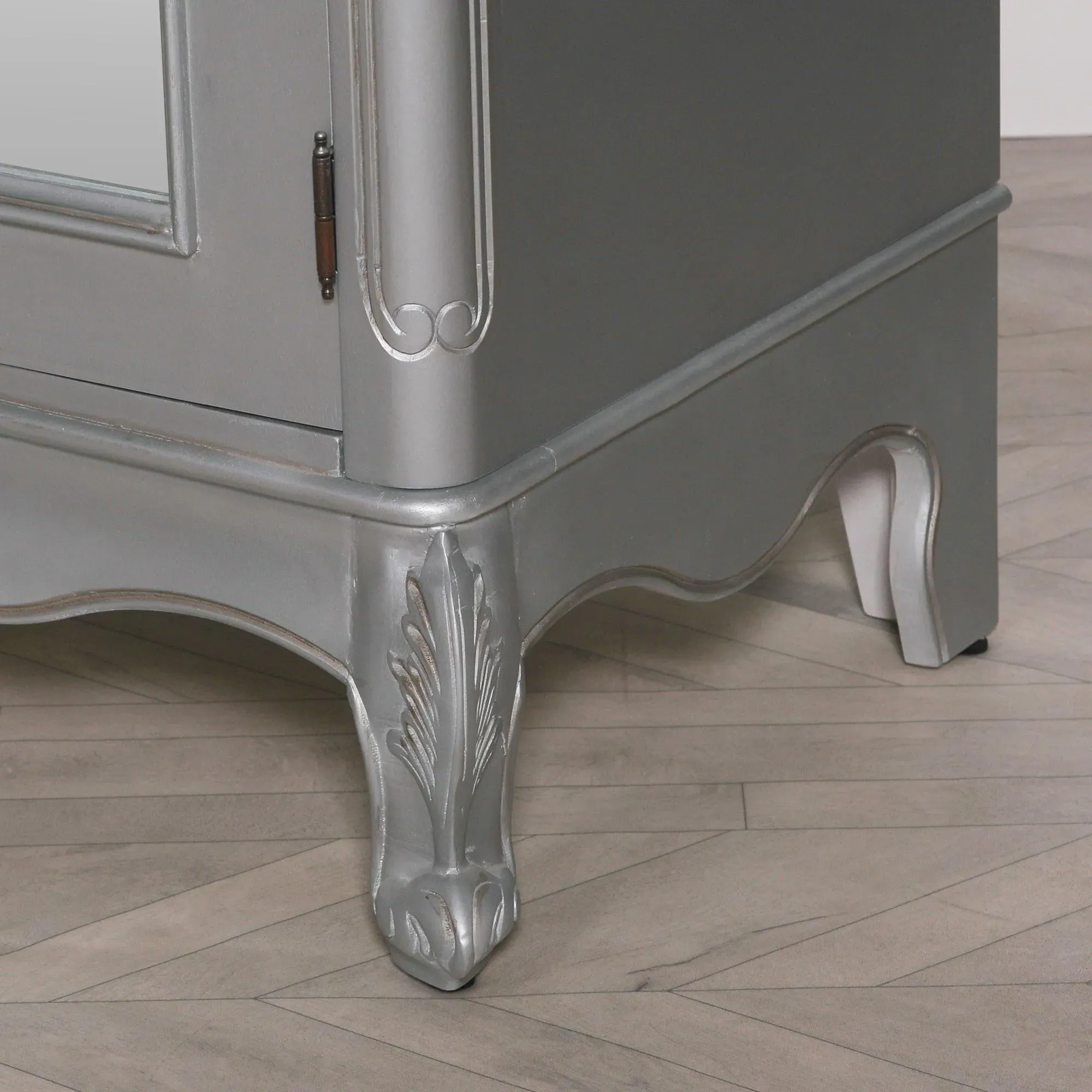 2 Door Mirror Armoire Wardrobe with Carved Details - Silver