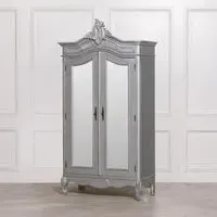 2 Door Mirror Armoire Wardrobe with Carved Details - Silver