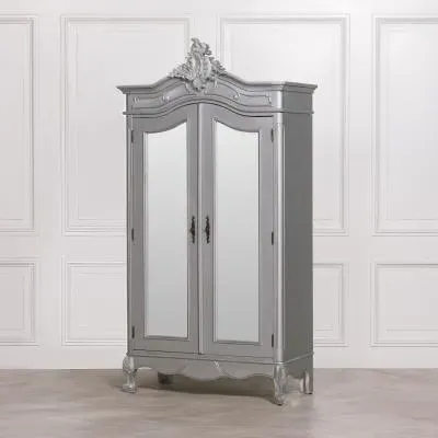 2 Door Mirror Armoire Wardrobe with Carved Details - Silver