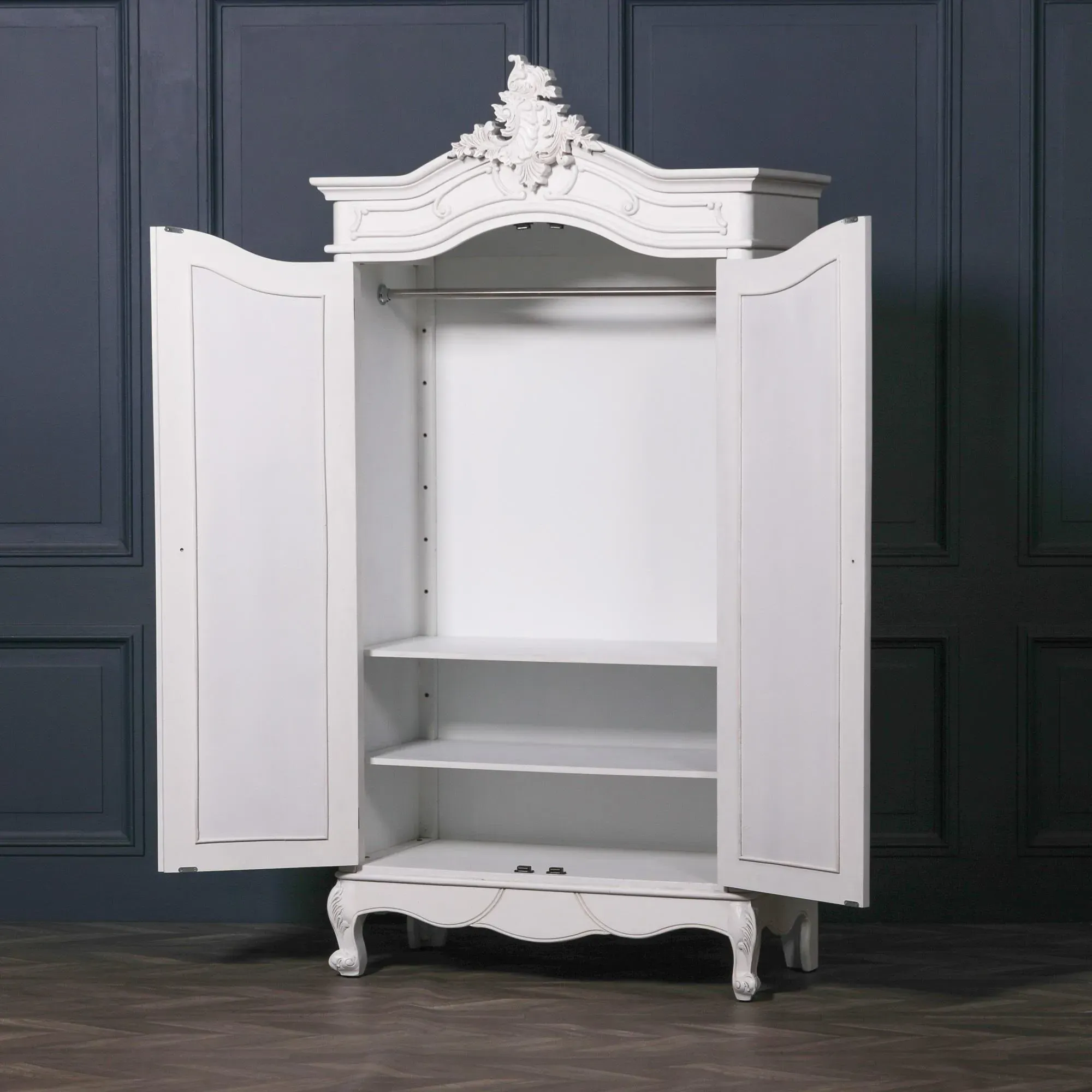 2 Door Mirror Armoire Wardrobe with Carved Details - White