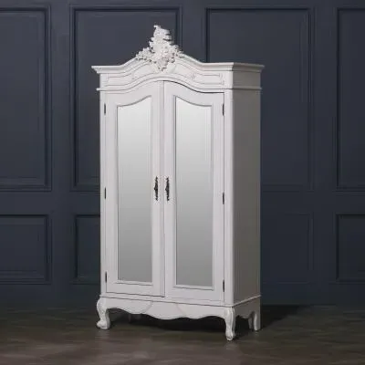 2 Door Mirror Armoire Wardrobe with Carved Details - White