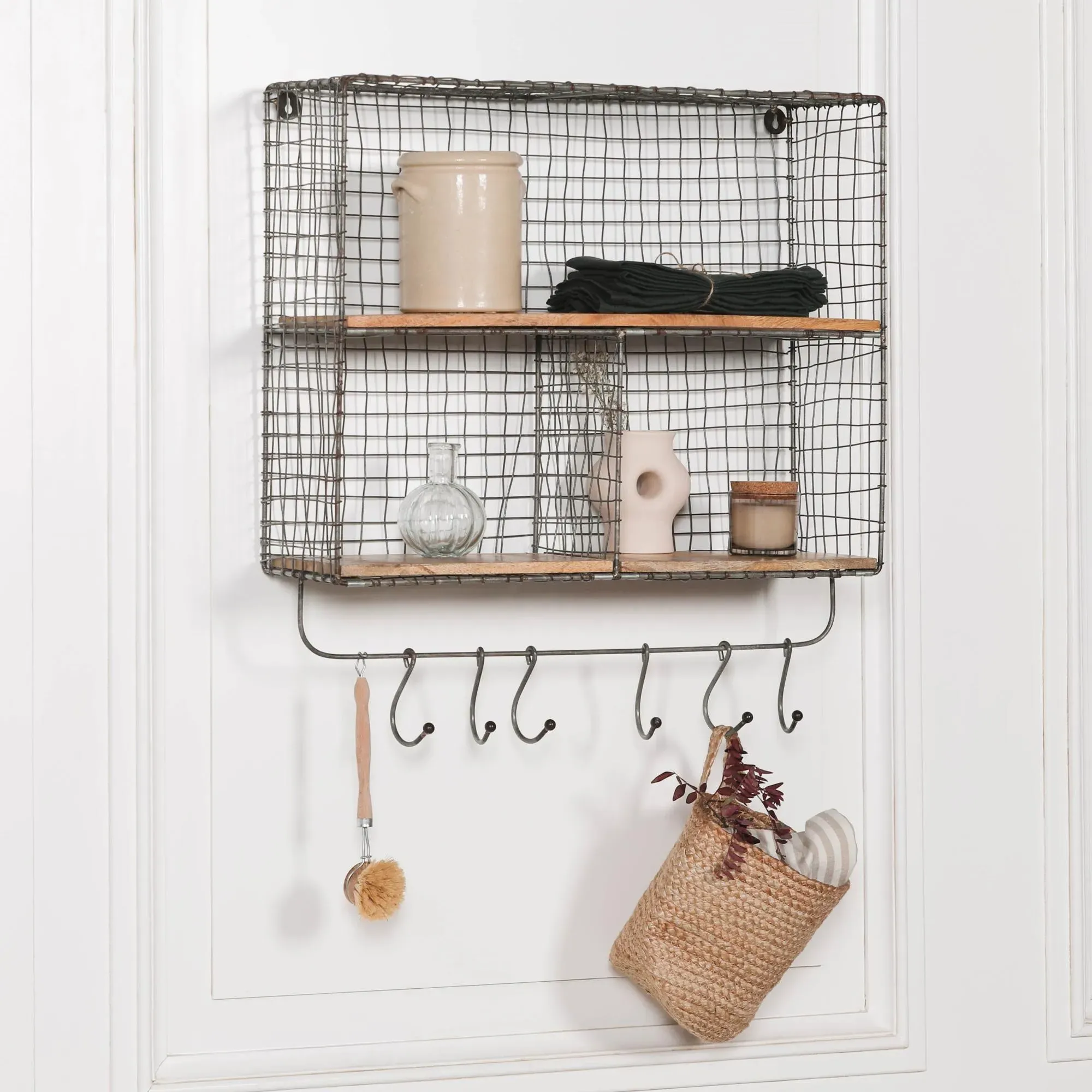 3 Compartment Wall Shelf with Hooks - Black, Metal