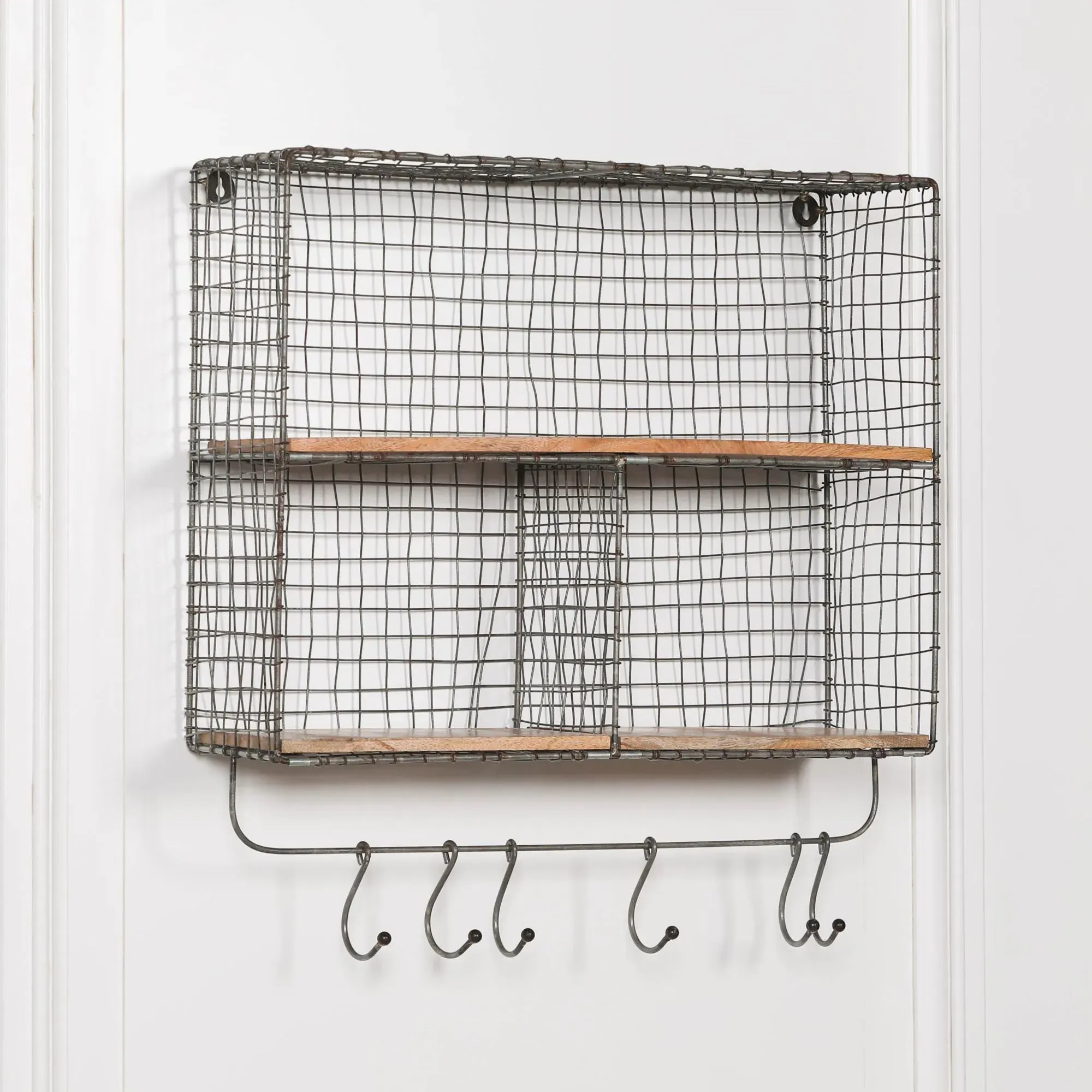 3 Compartment Wall Shelf with Hooks - Black, Metal
