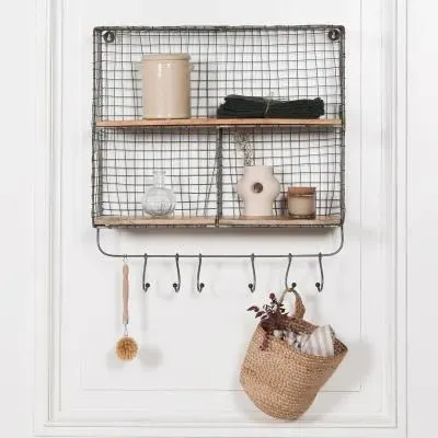 3 Compartment Wall Shelf with Hooks - Black, Metal image