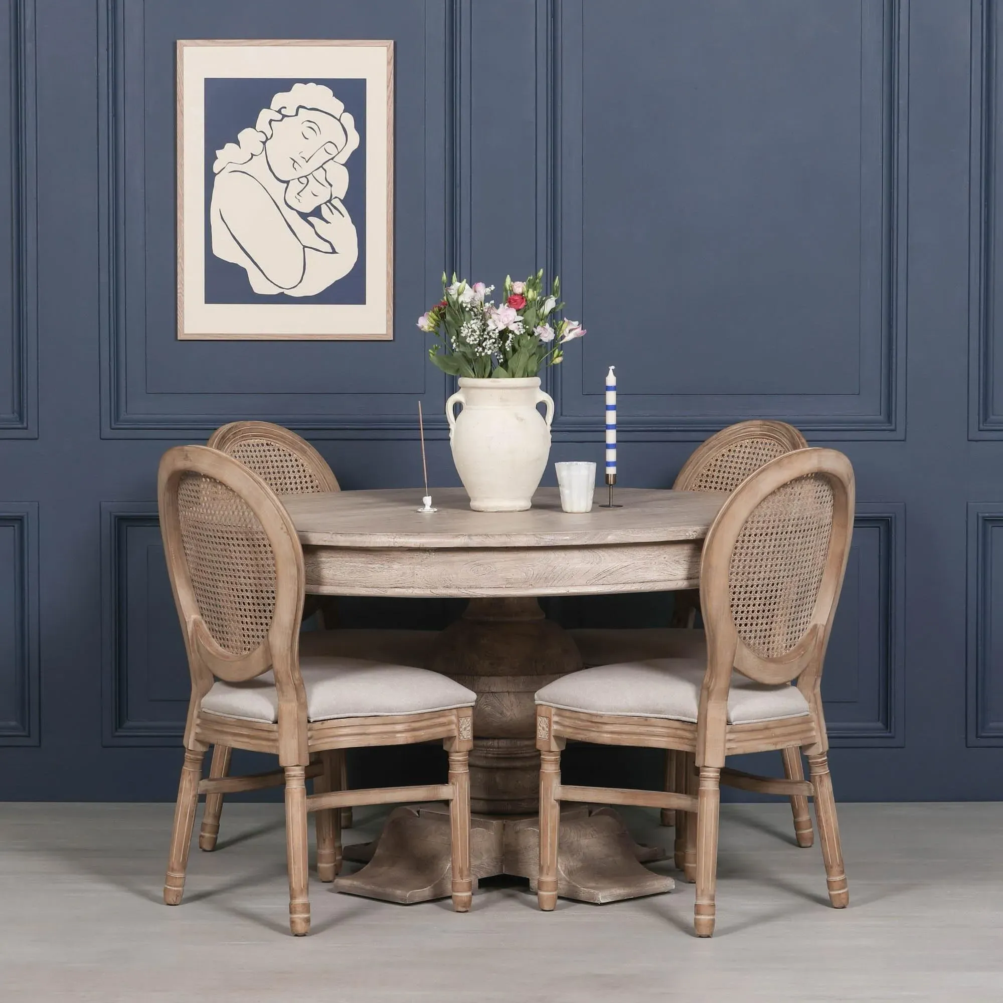 4 Seater Round Ball Dining Table - Rustic Washed Wood, Acacia