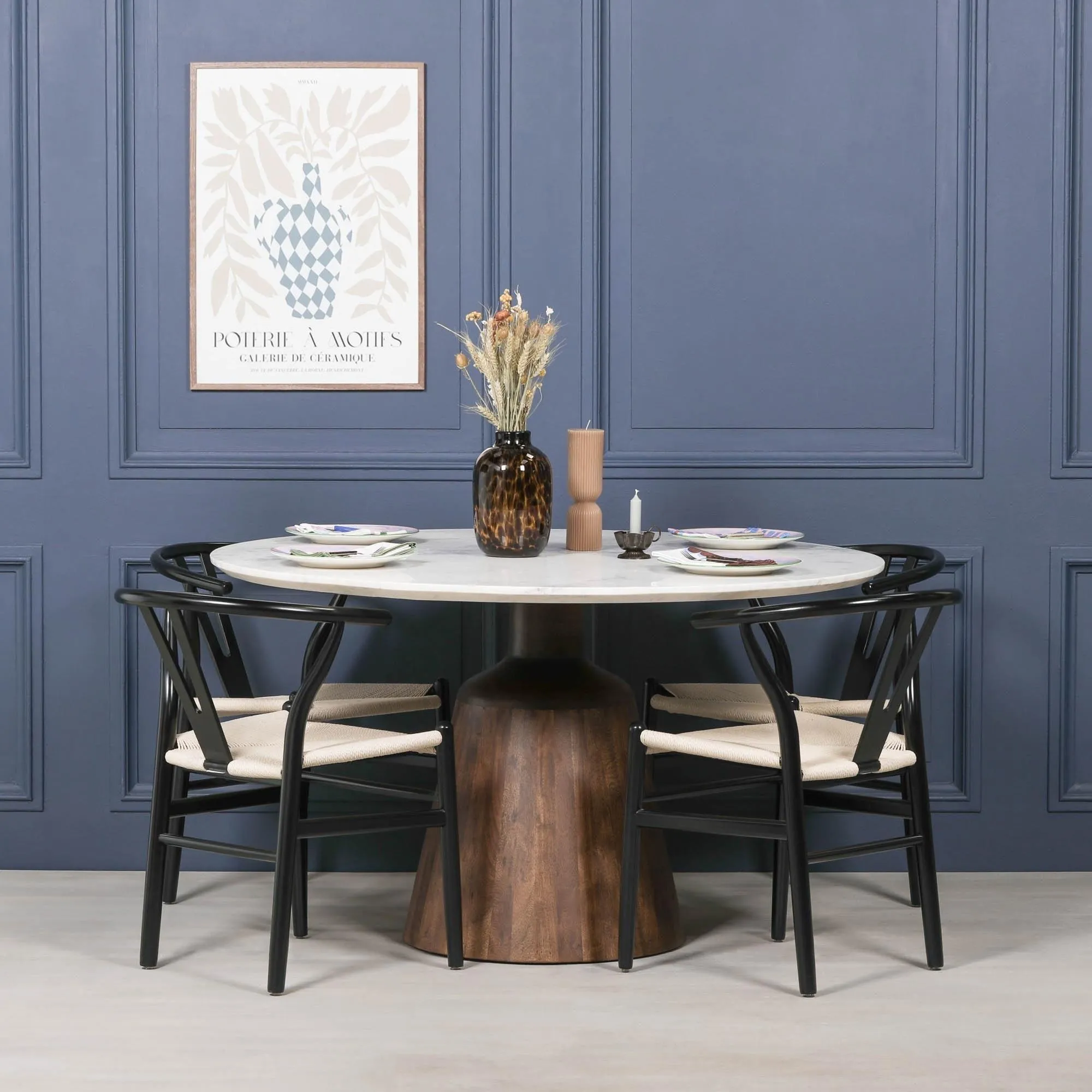 4 Seater Round Dining Table - White, Marble