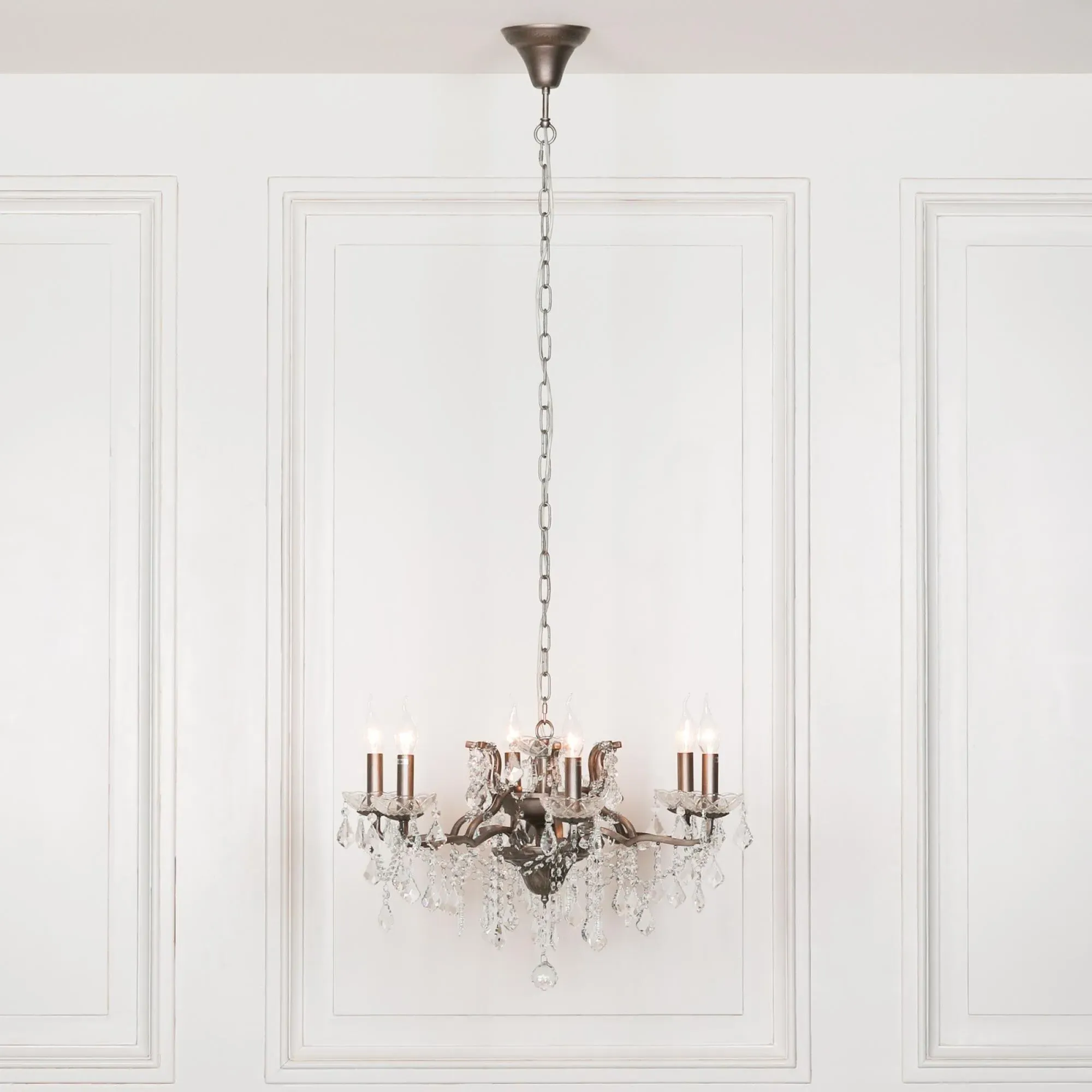 6 Branch Cut Glass Chandelier - Antique Silver