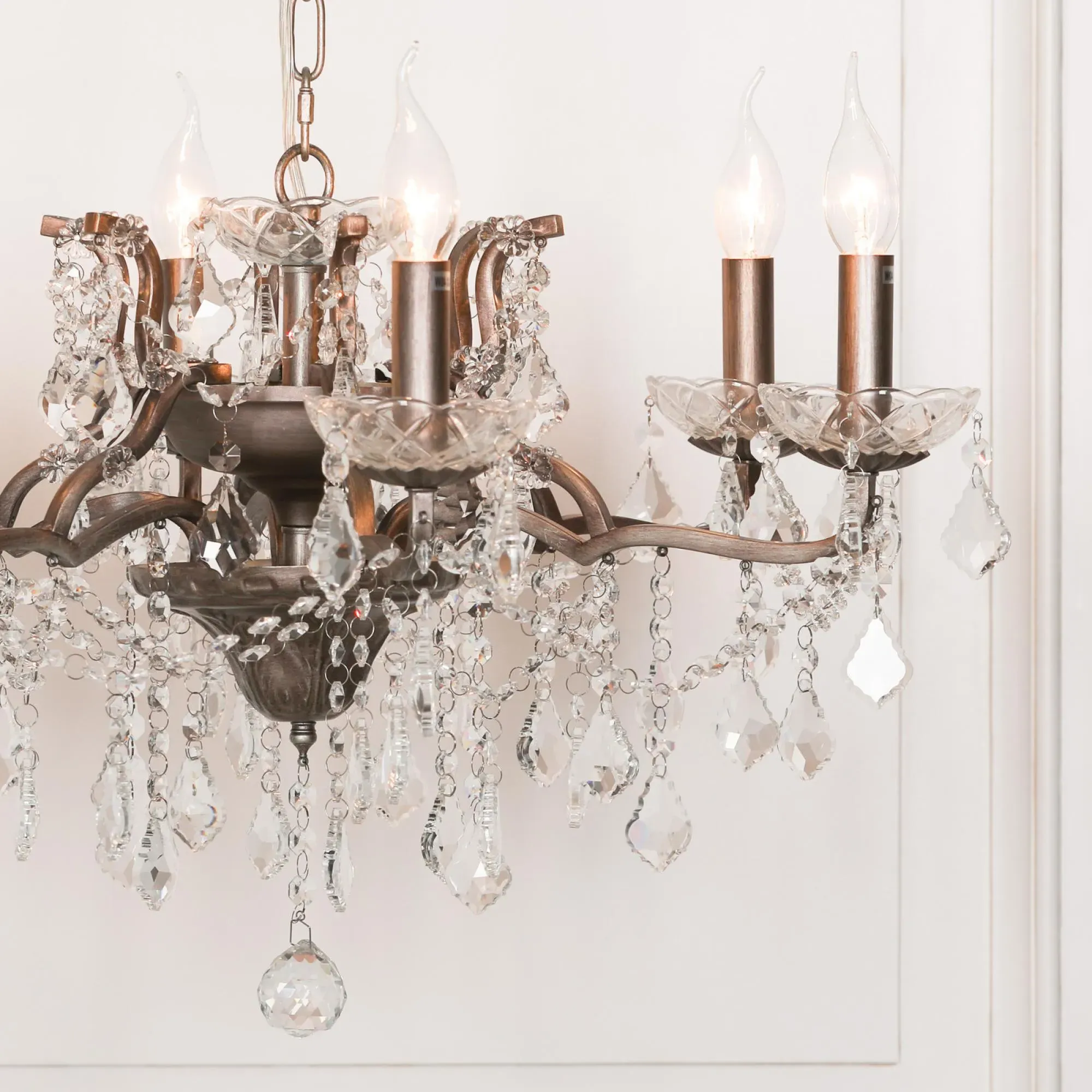 6 Branch Cut Glass Chandelier - Antique Silver