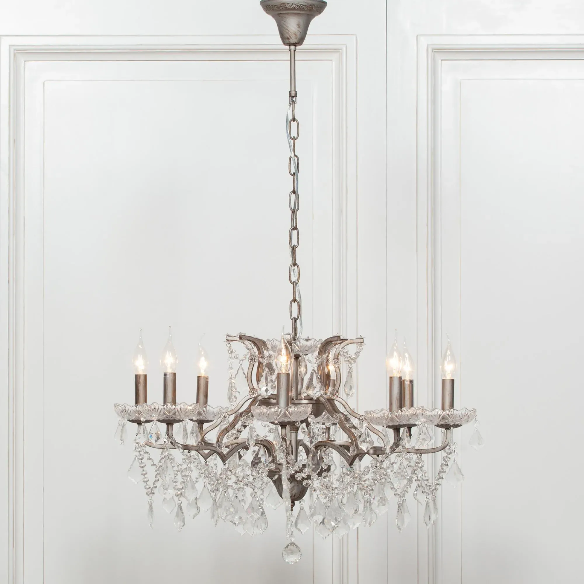 8 Branch Cut Glass Chandelier - Silver