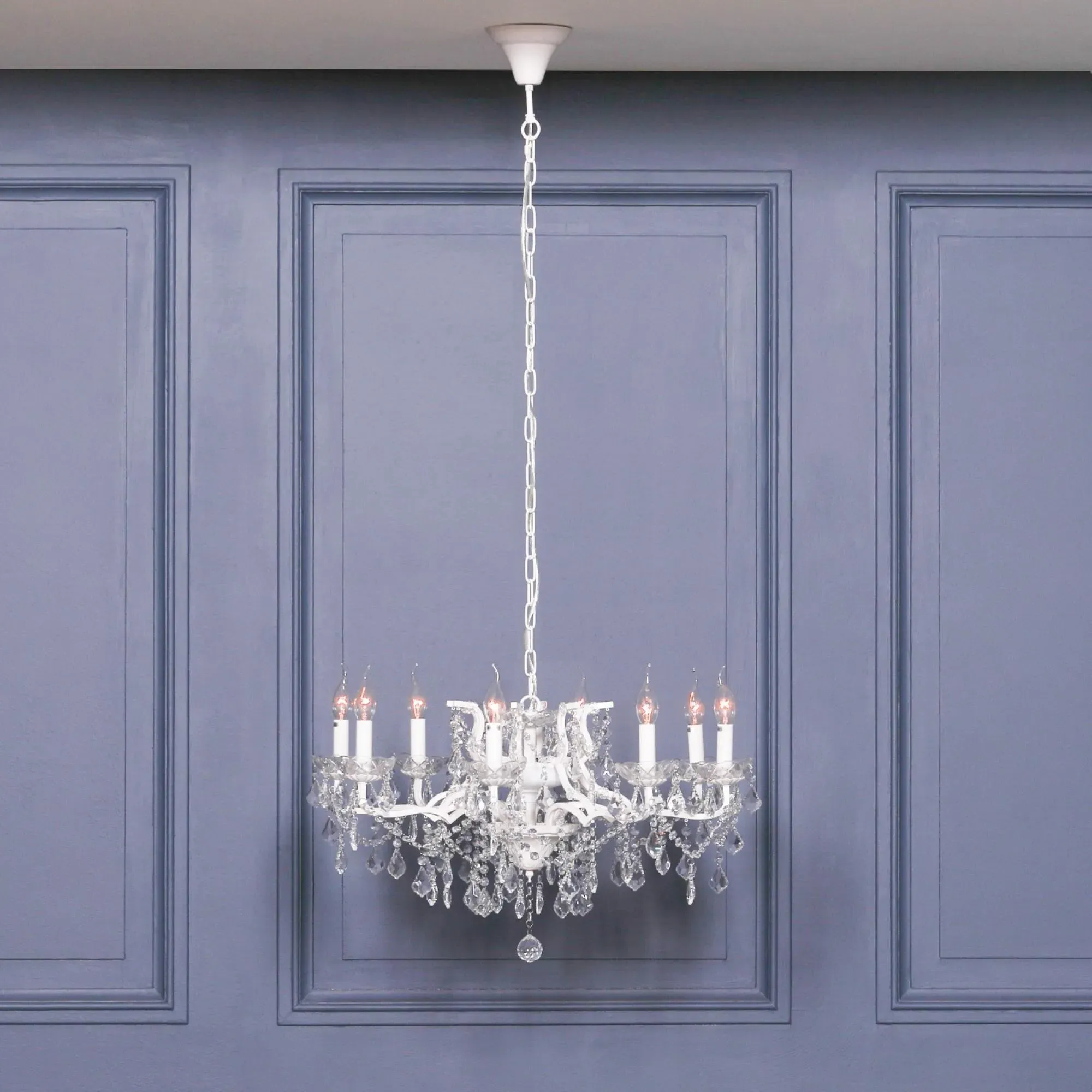 8 Branch Cut Glass Chandelier - White
