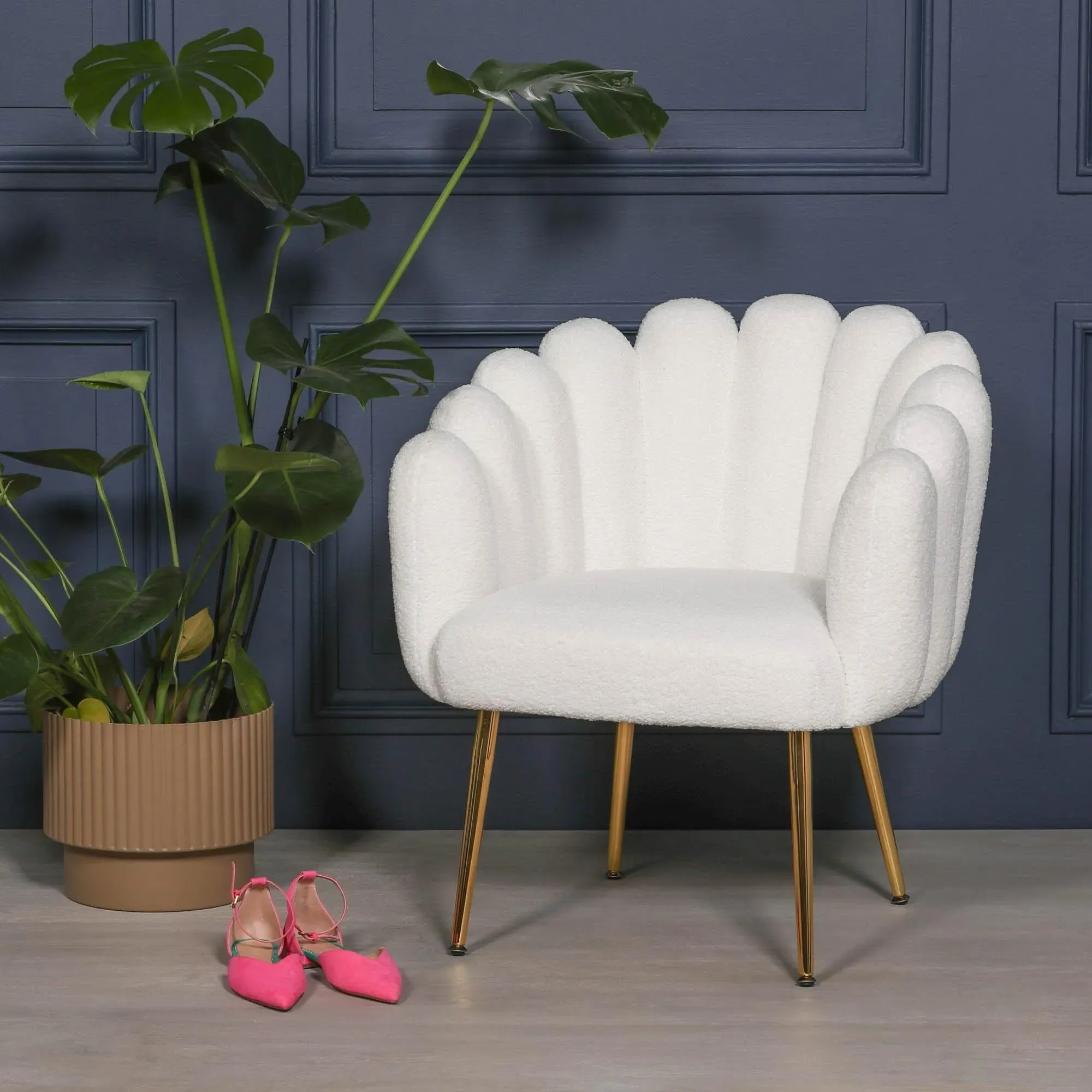 Arriba Scalloped Occasional Chair - White, Velvet