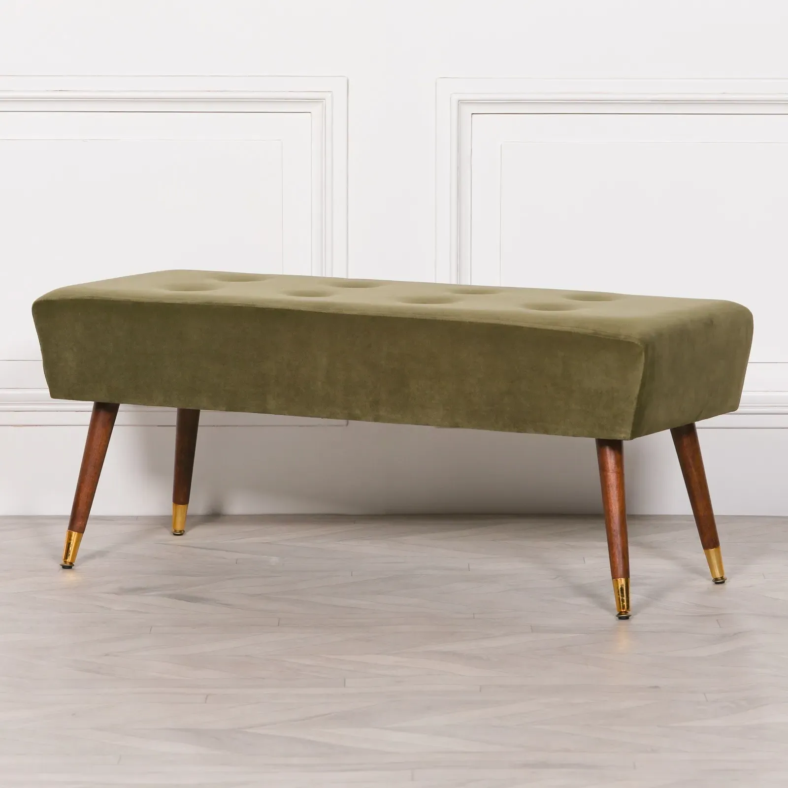 Buttoned Ottoman Bench - Olive Green, Velvet