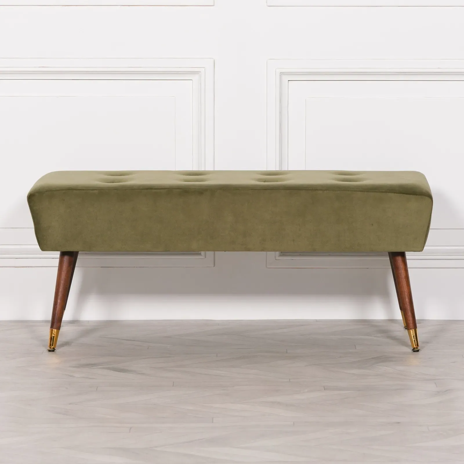 Buttoned Ottoman Bench - Olive Green, Velvet