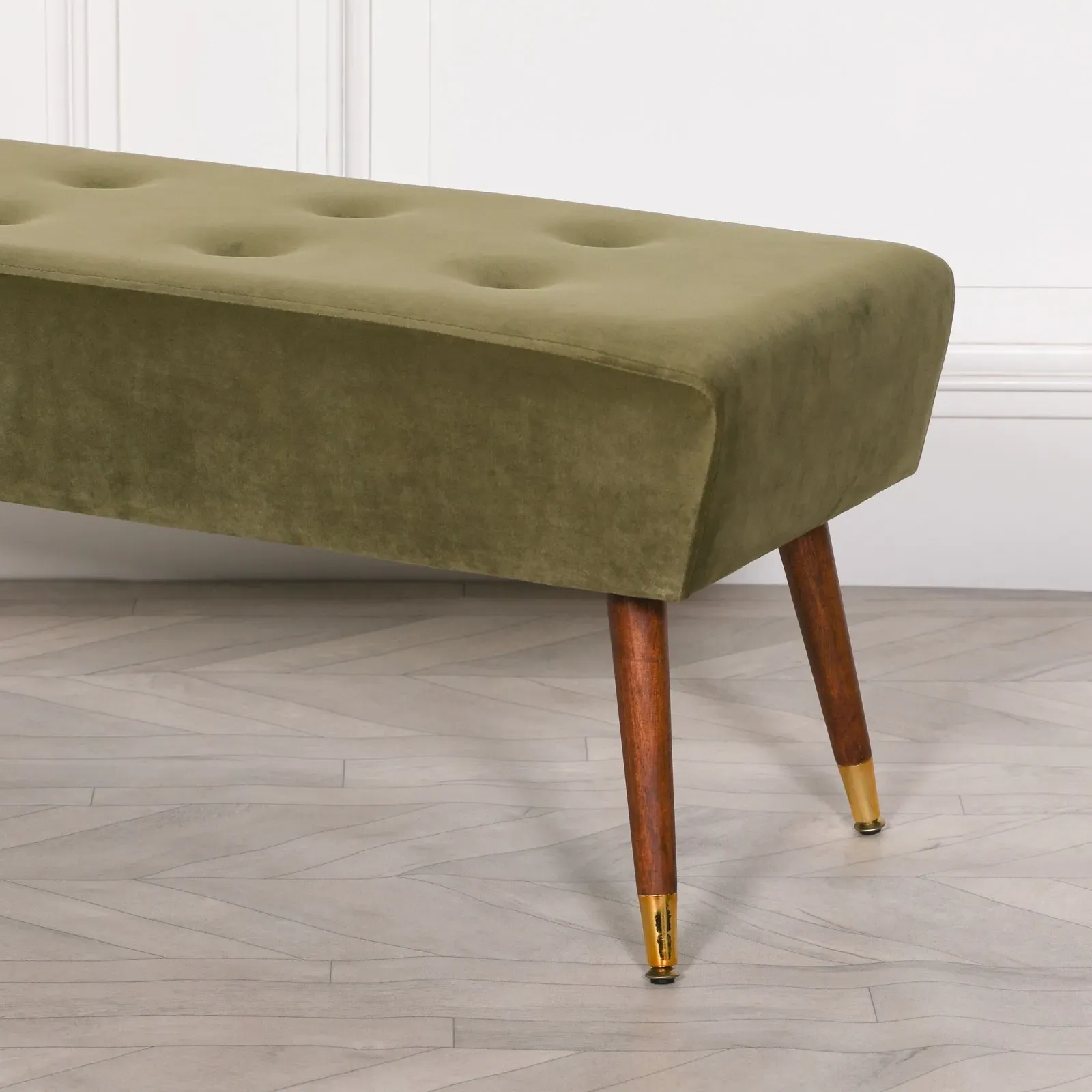 Buttoned Ottoman Bench - Olive Green, Velvet